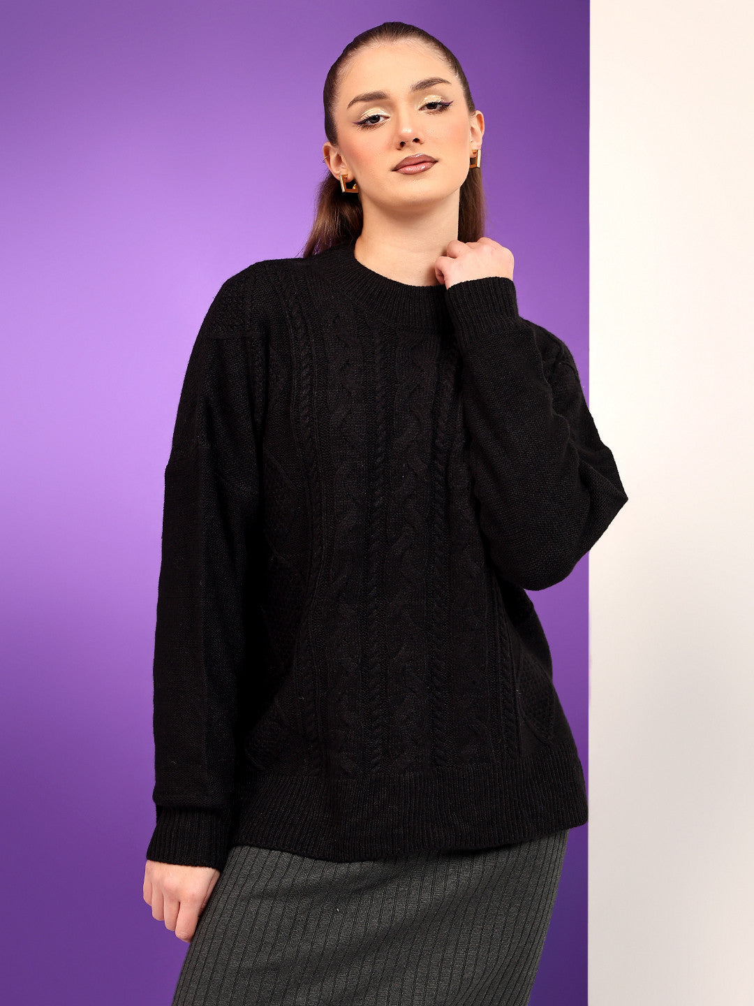 KOTTY Self Design Round Neck Casual Women Black Sweater