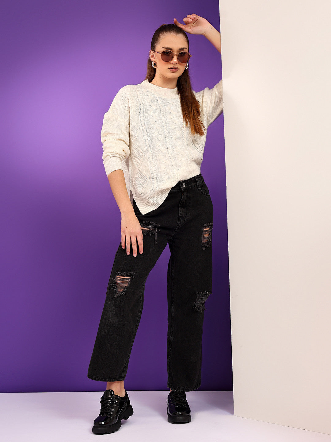 KOTTY Solid Round Neck Casual Women White Sweater