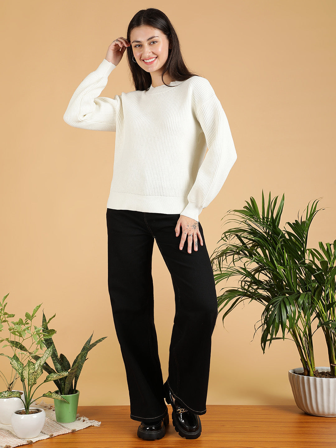 KOTTY Self Design Round Neck Casual Women White Sweater