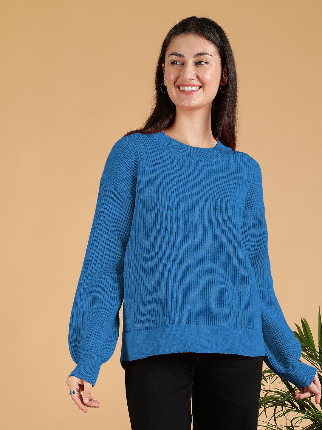 KOTTY Solid Round Neck Casual Women Blue Sweater
