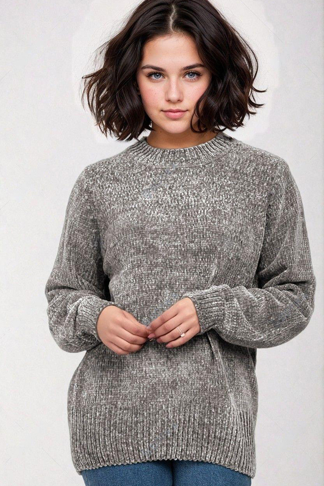 KOTTY Self Design High Neck Casual Women Grey Sweater