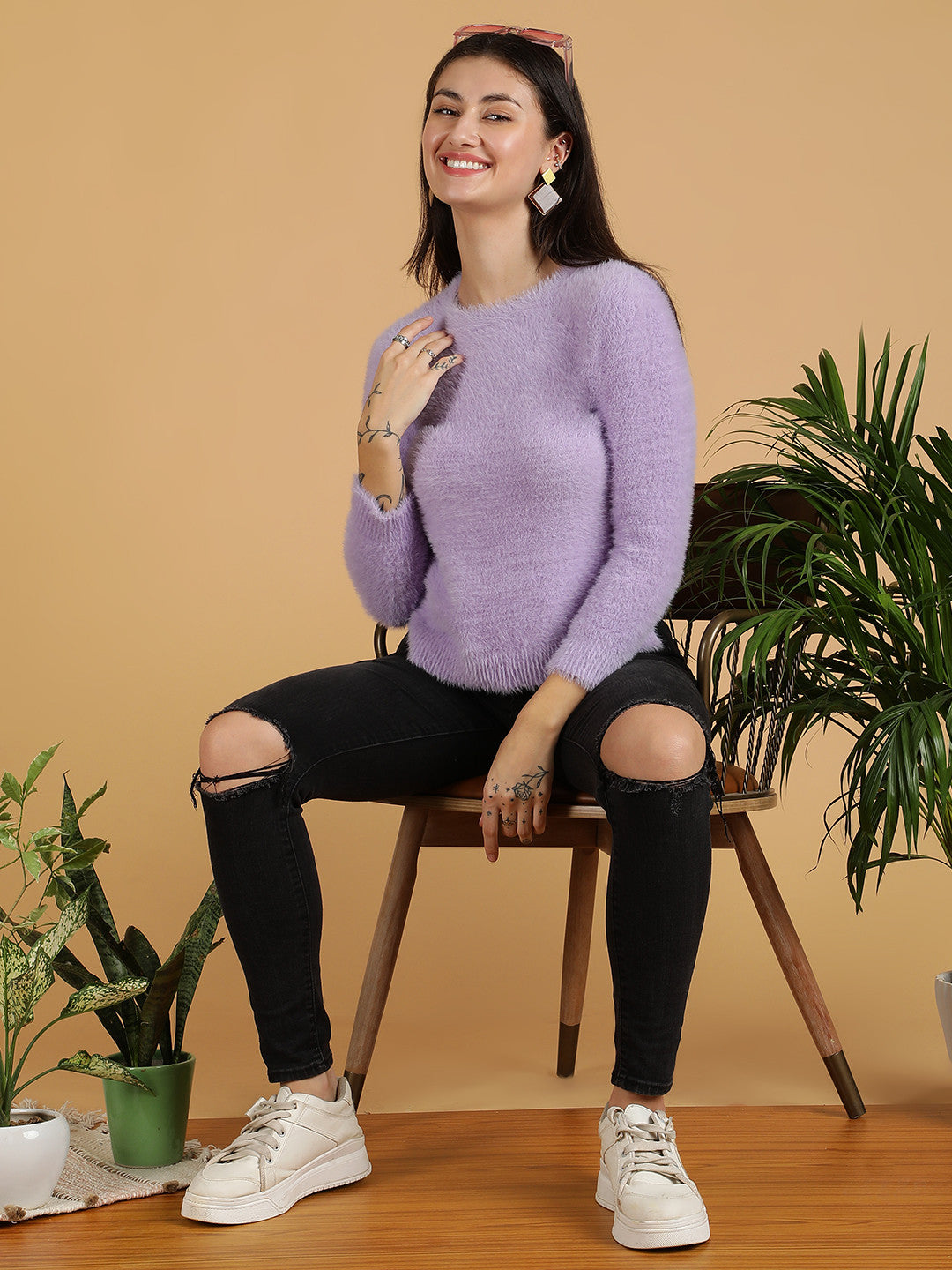 KOTTY Self Design Round Neck Casual Women Purple Sweater