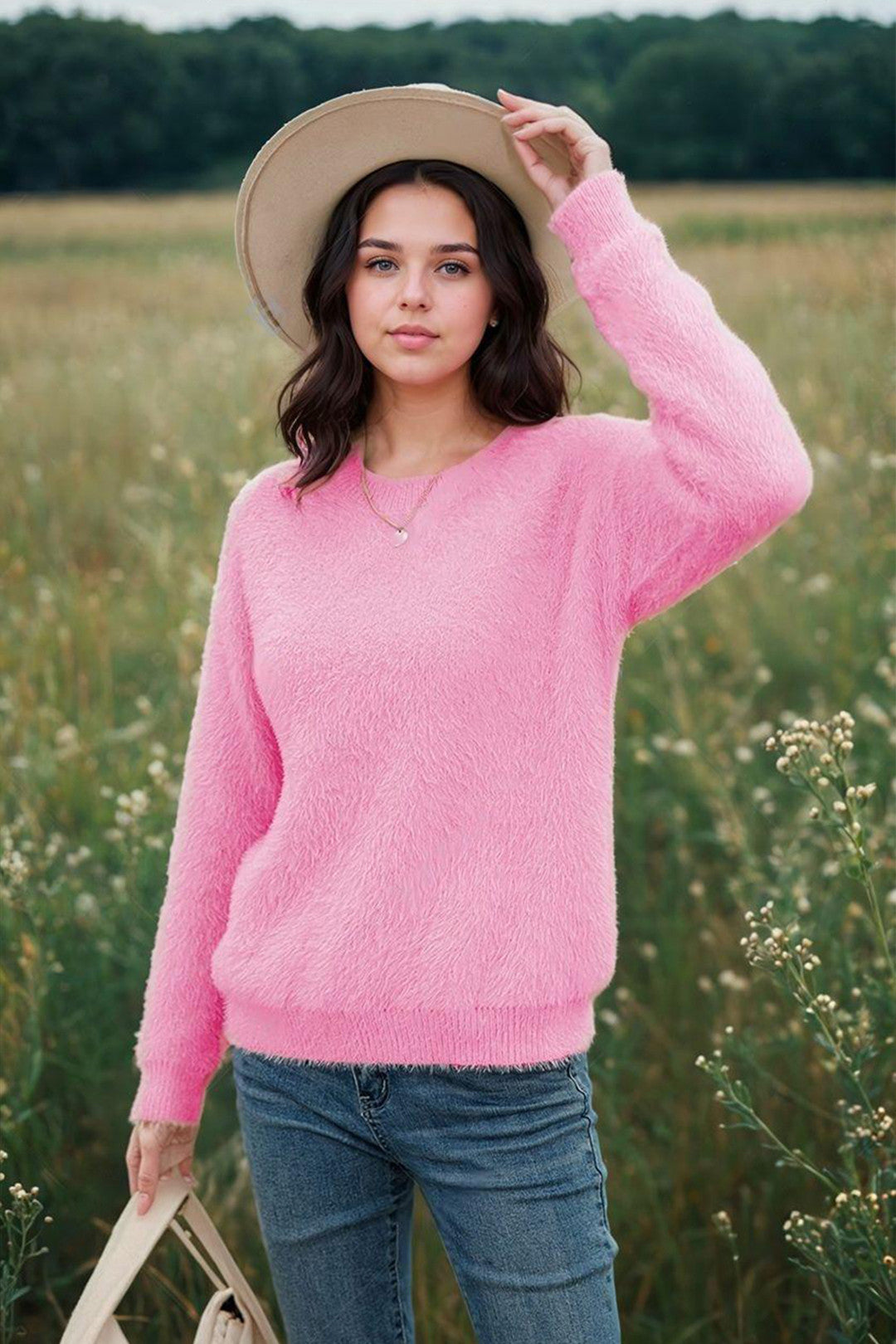 KOTTY Self Design Round Neck Casual Women Pink Sweater