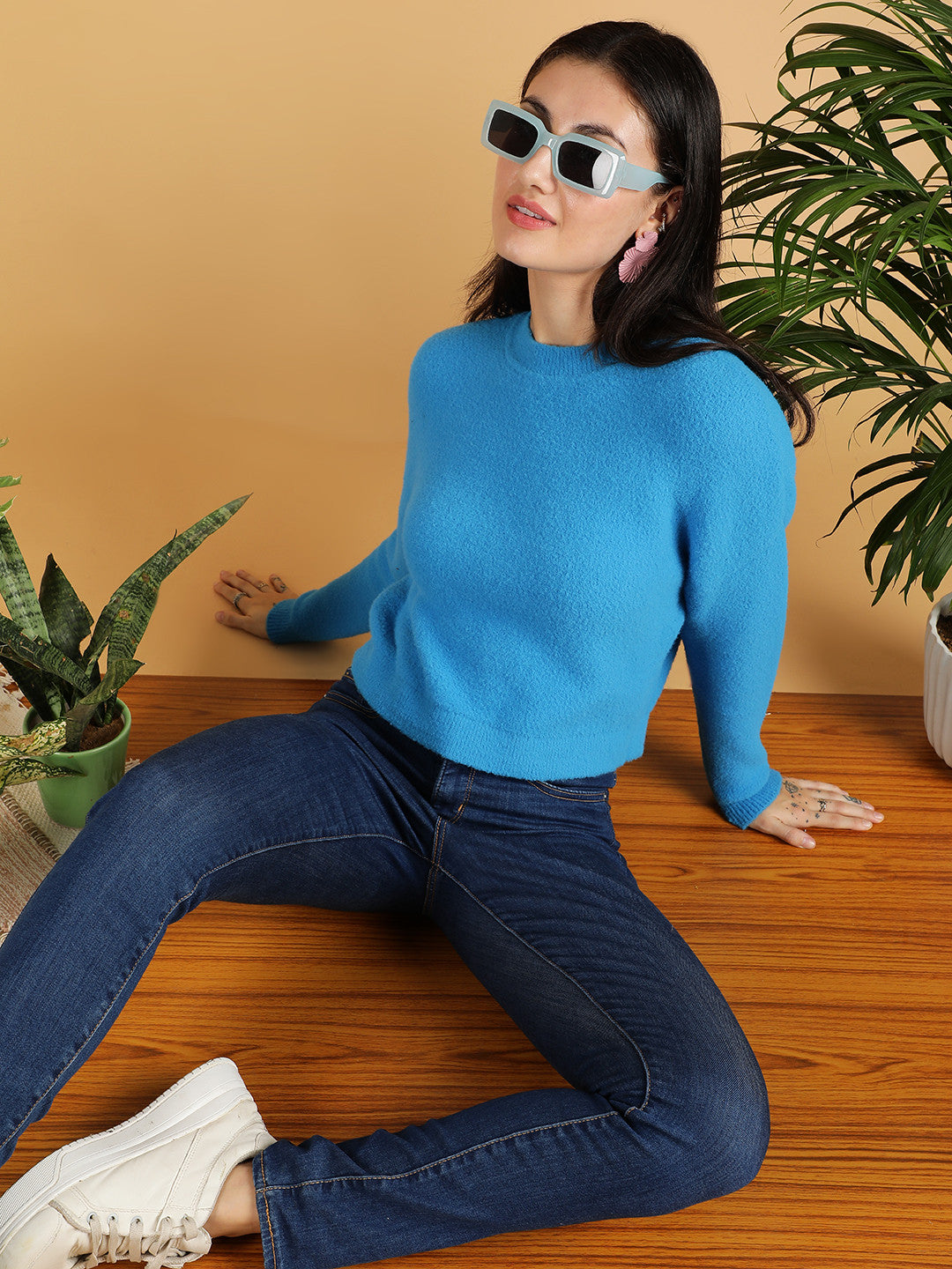 KOTTY Solid Round Neck Casual Women Blue Sweater
