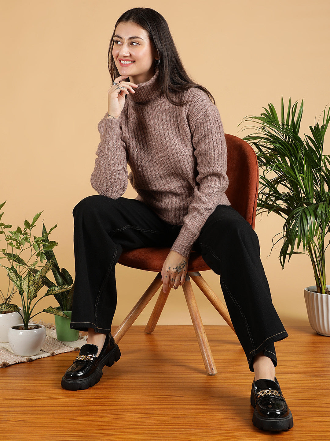 KOTTY Self Design High Neck Casual Women Pink Sweater