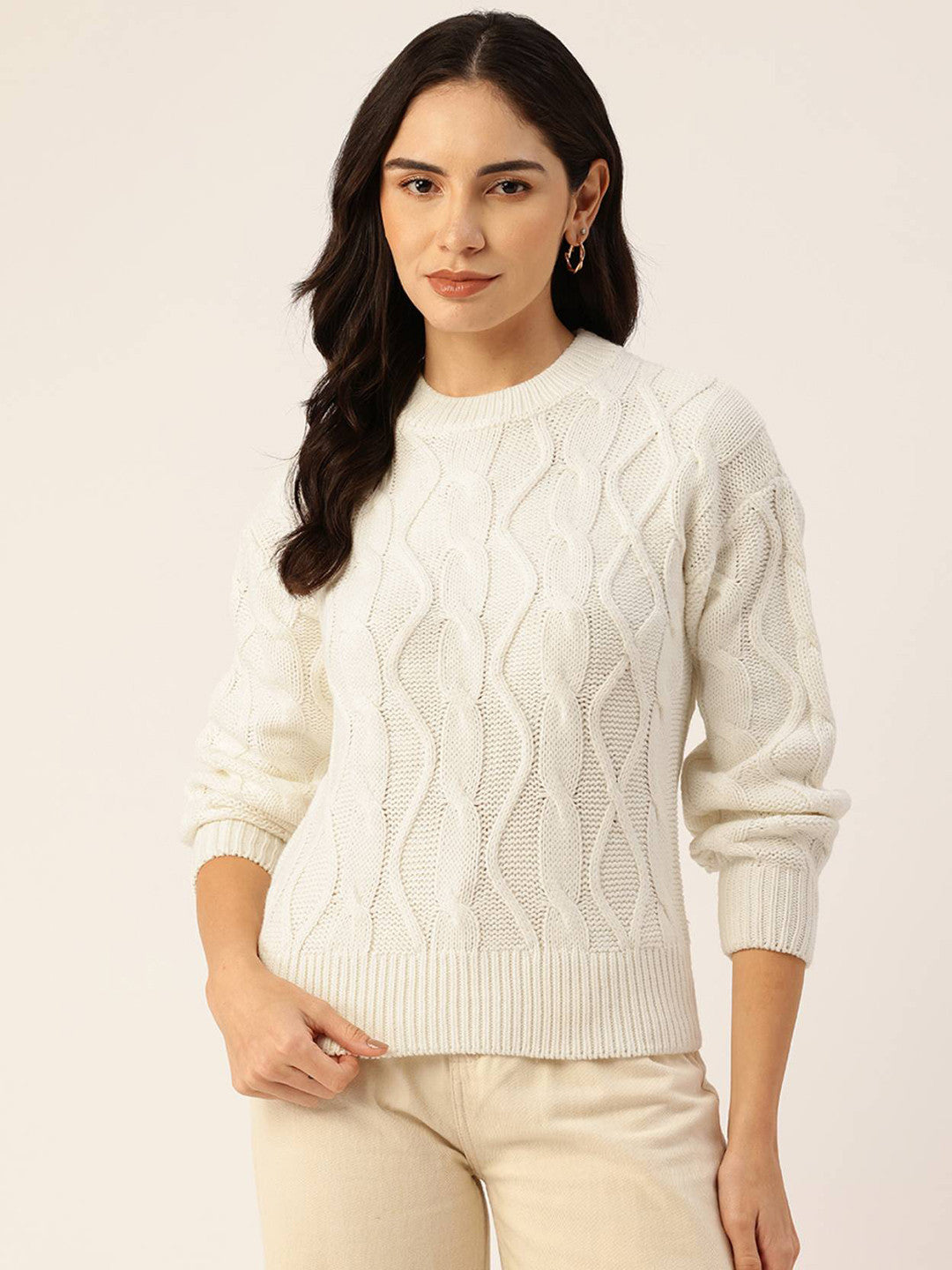KOTTY Self Design High Neck Casual Women White Sweater