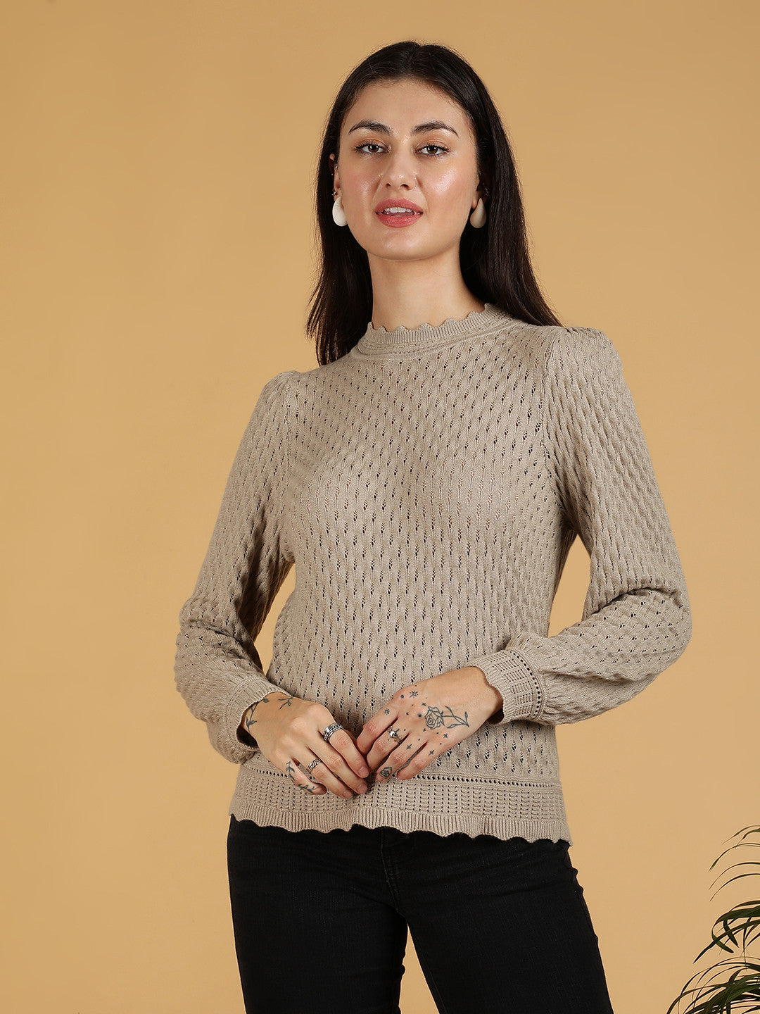 KOTTY Self Design High Neck Casual Women Grey Sweater