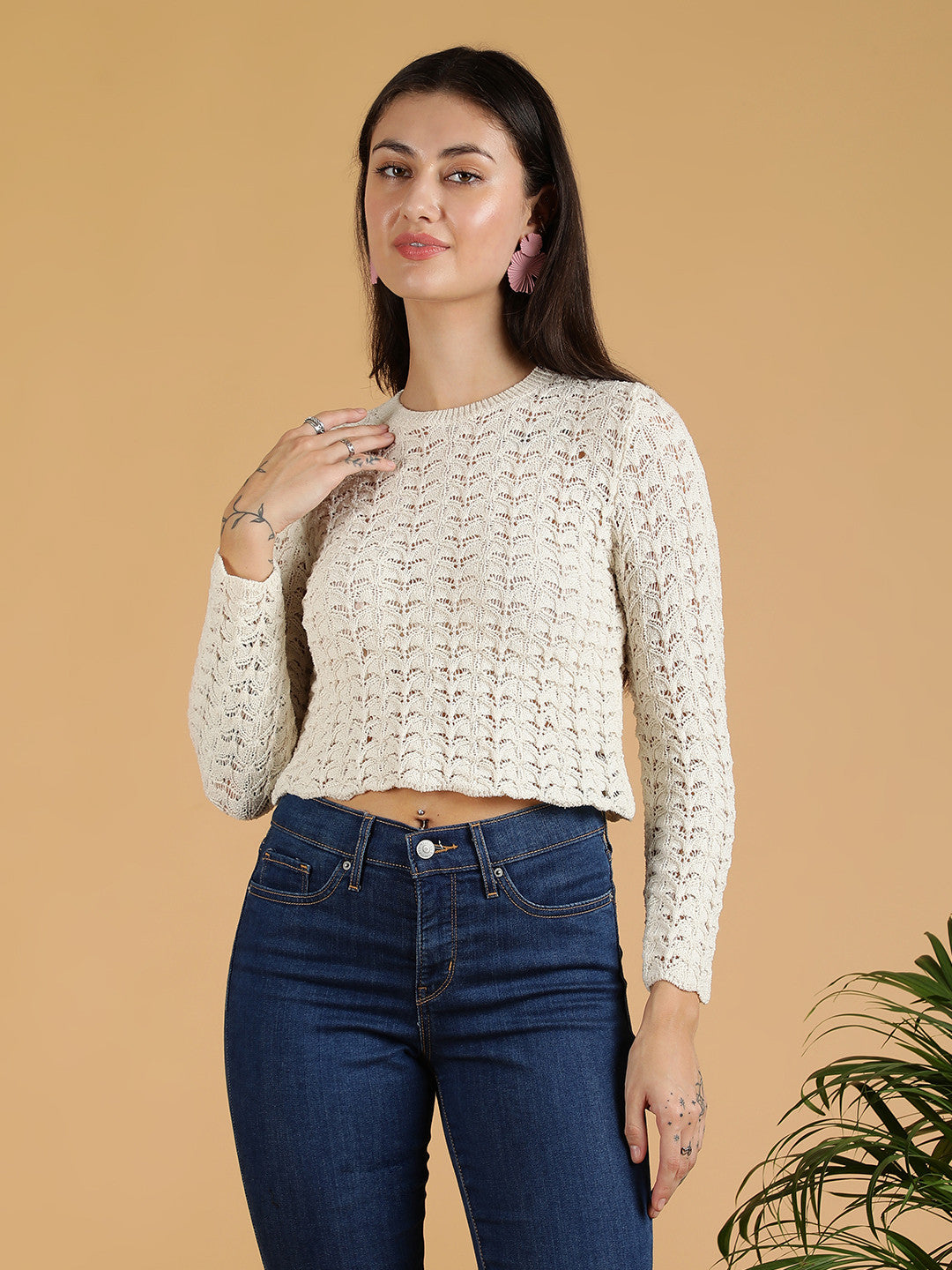 KOTTY Self Design High Neck Casual Women White Sweater