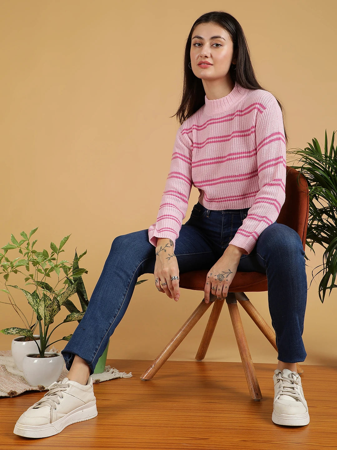 KOTTY Printed High Neck Casual Women Pink Sweater
