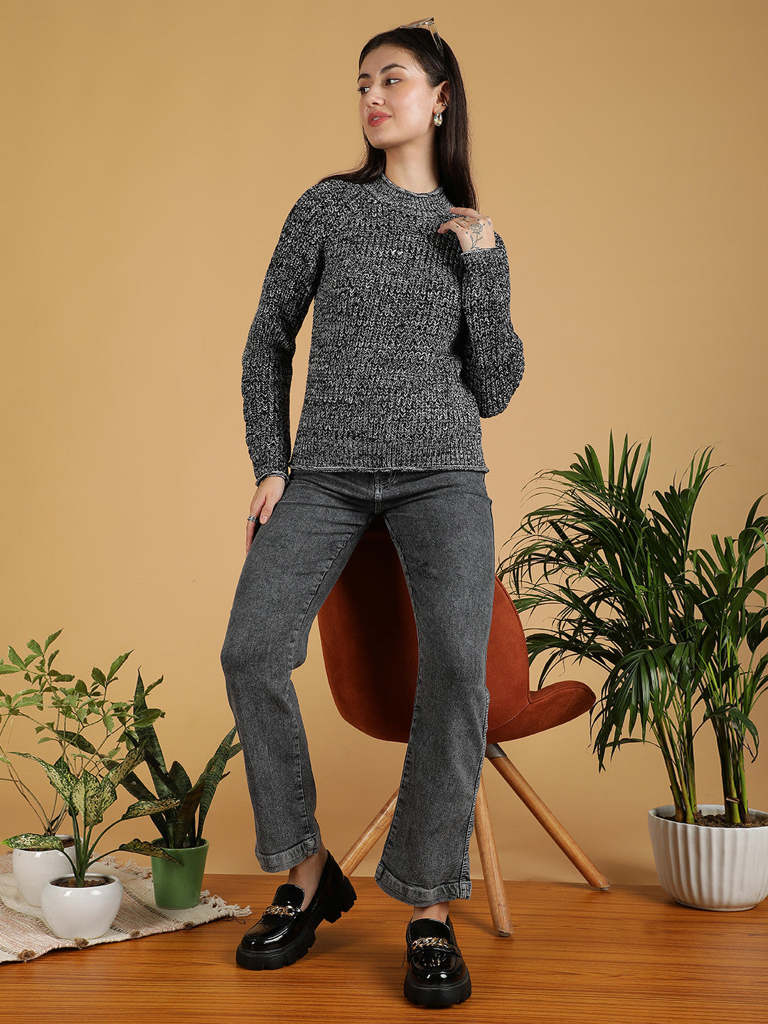 KOTTY Solid High Neck Casual Women Grey Sweater