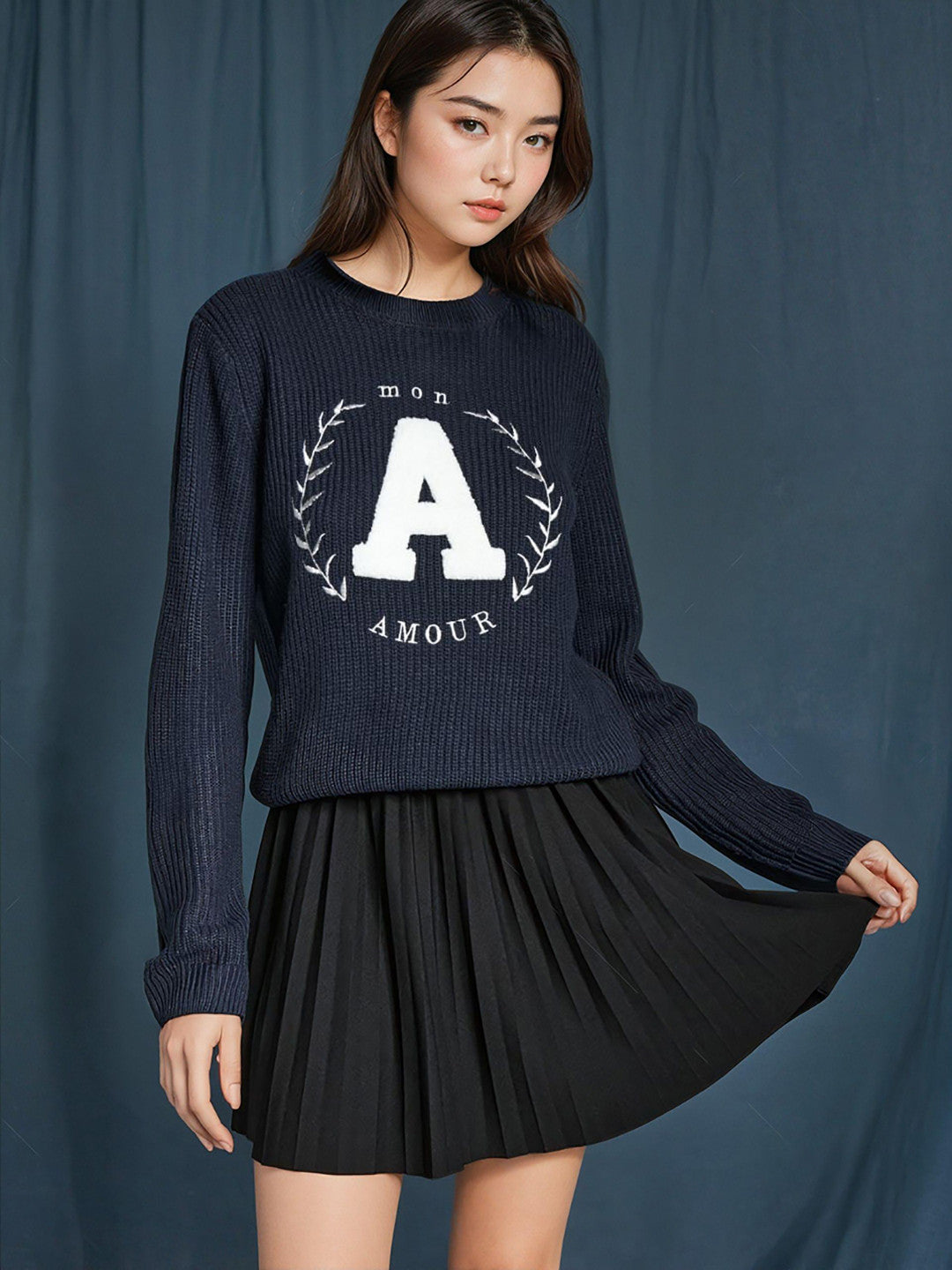 KOTTY Printed Round Neck Casual Women Dark Blue Sweater