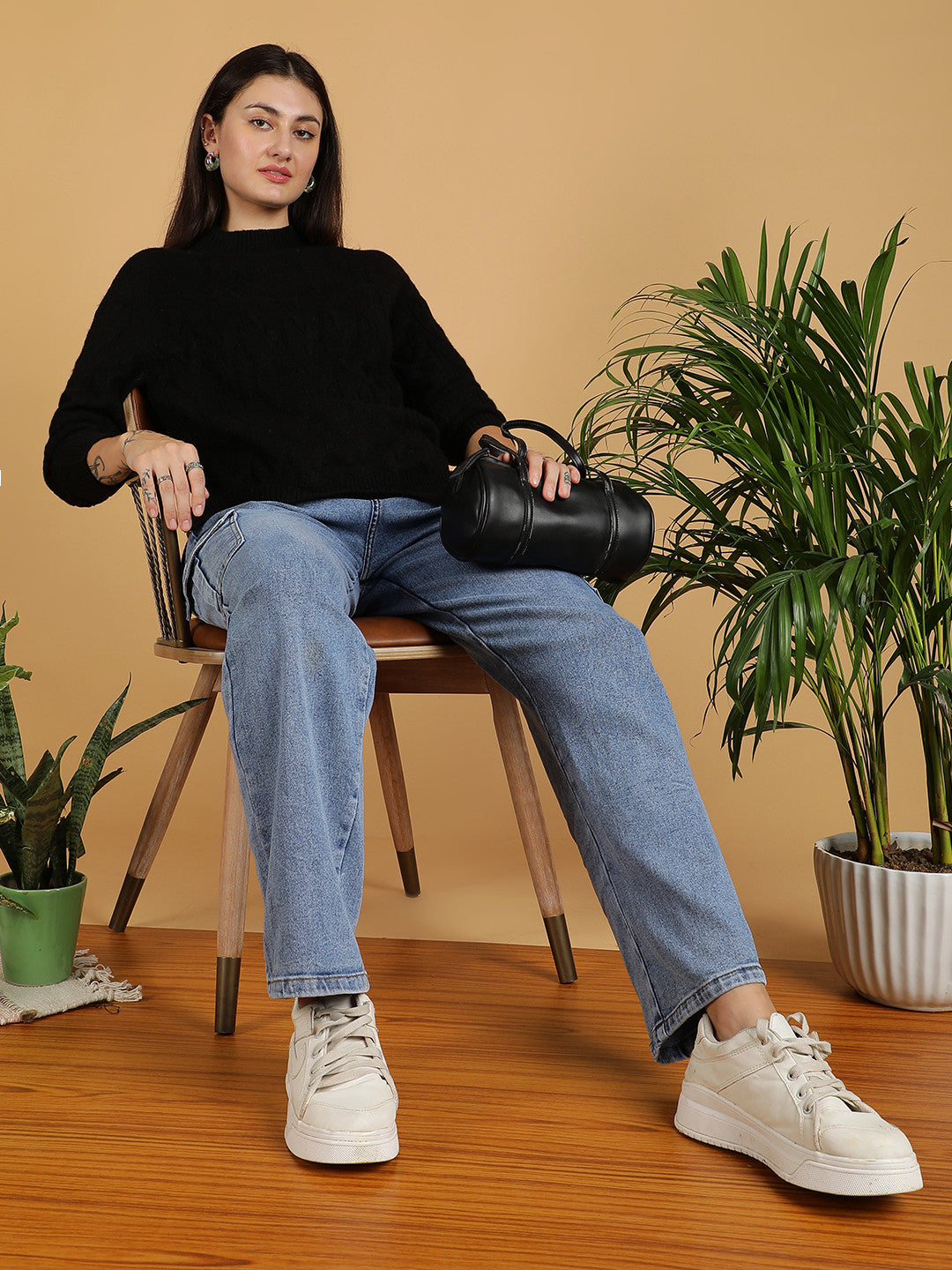 KOTTY Solid High Neck Casual Women Black Sweater