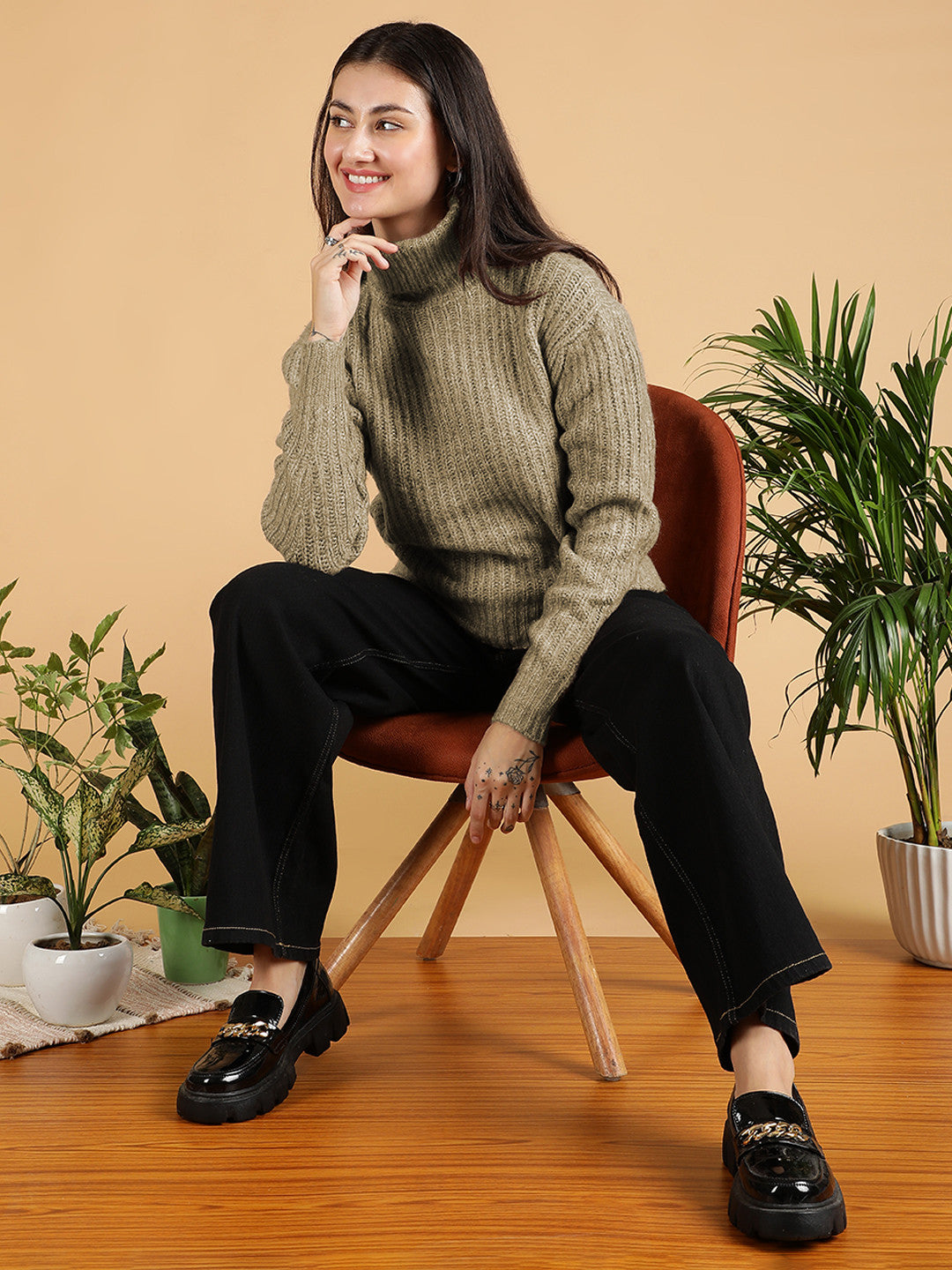 KOTTY Woven Collared Neck Casual Women Green Sweater