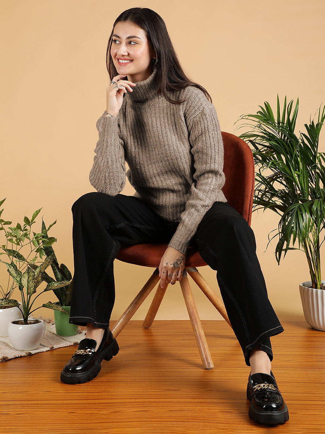 KOTTY Woven Collared Neck Casual Women Brown Sweater