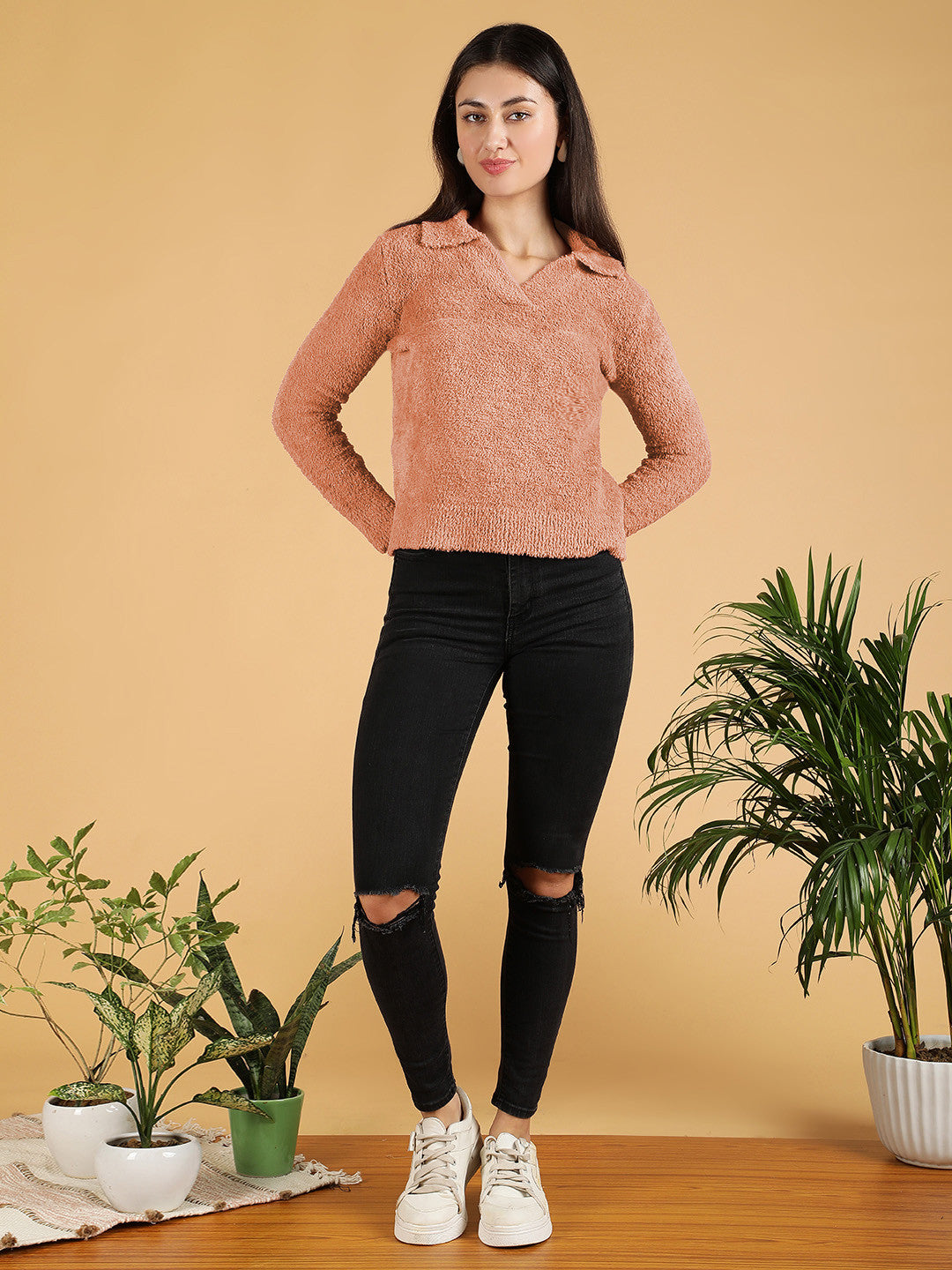 KOTTY Woven Collared Neck Casual Women Pink Sweater