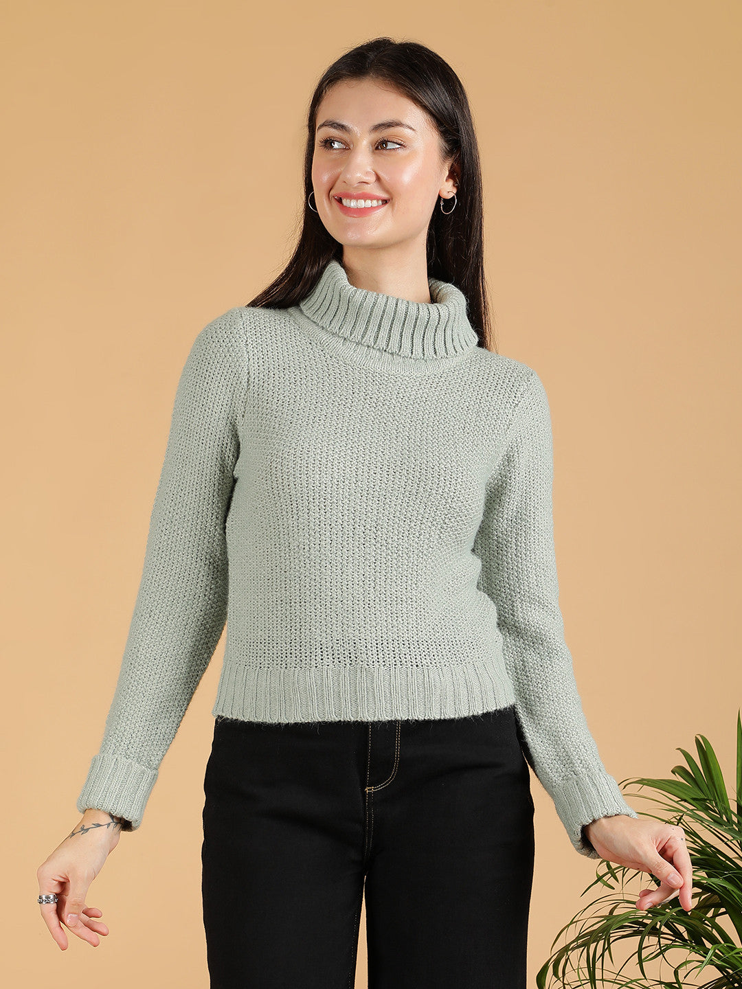 KOTTY Solid High Neck Casual Women Light Green Sweater