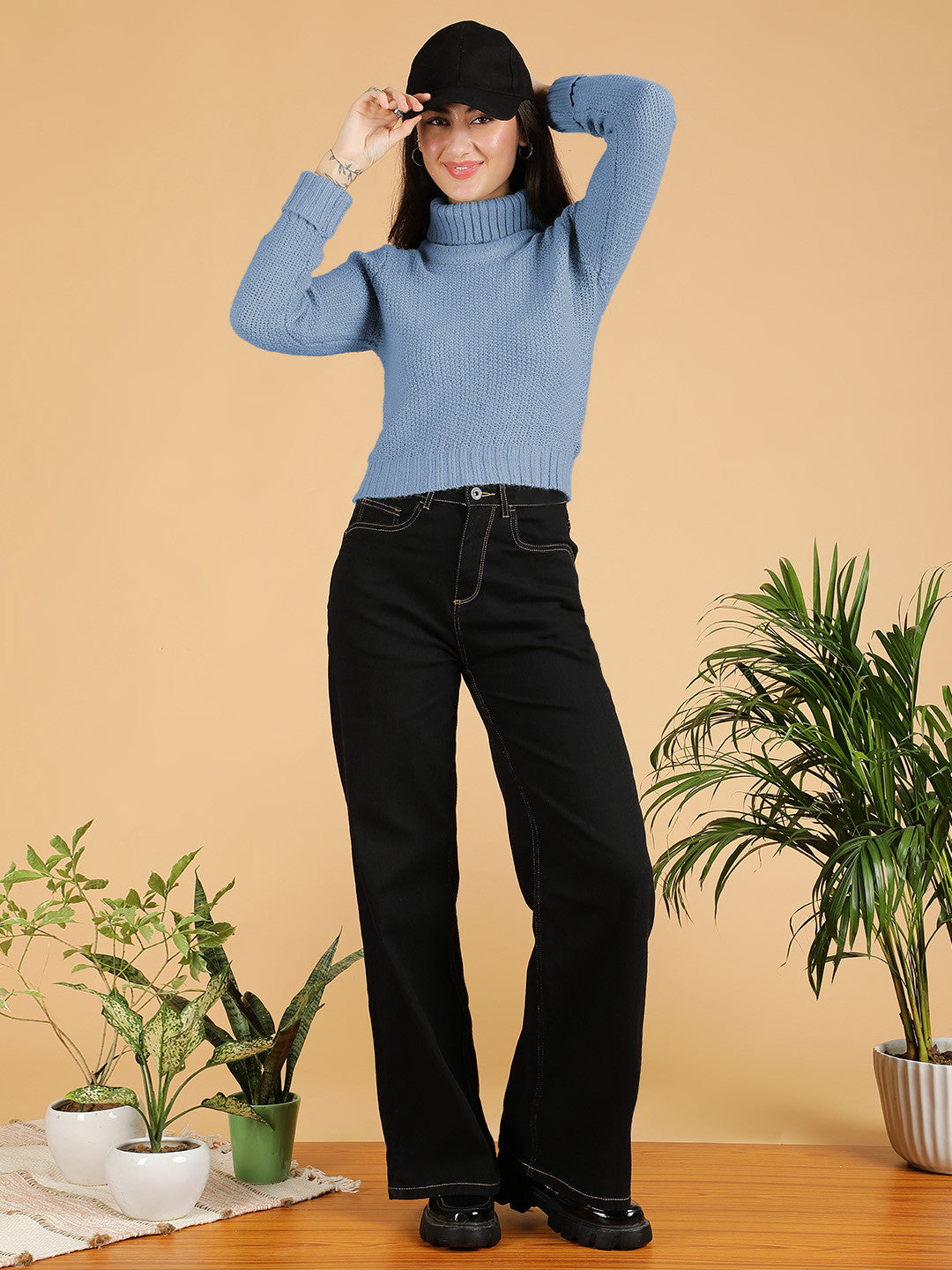 KOTTY Woven Collared Neck Casual Women Blue Sweater