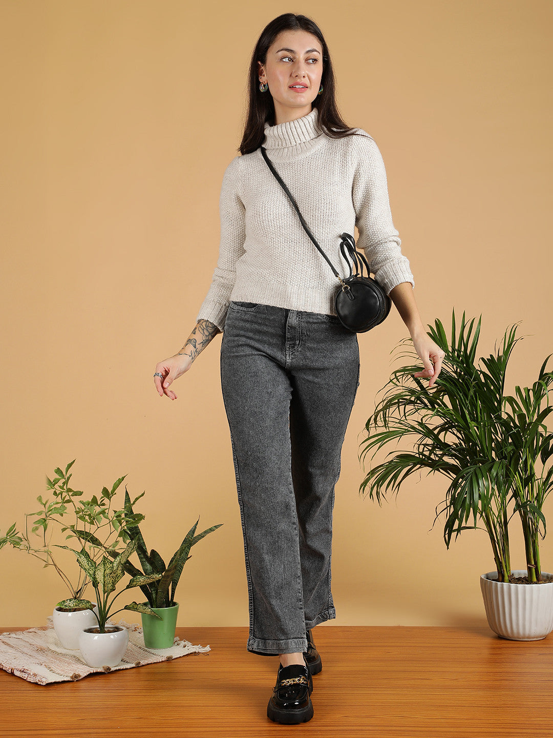 KOTTY Solid High Neck Casual Women White Sweater
