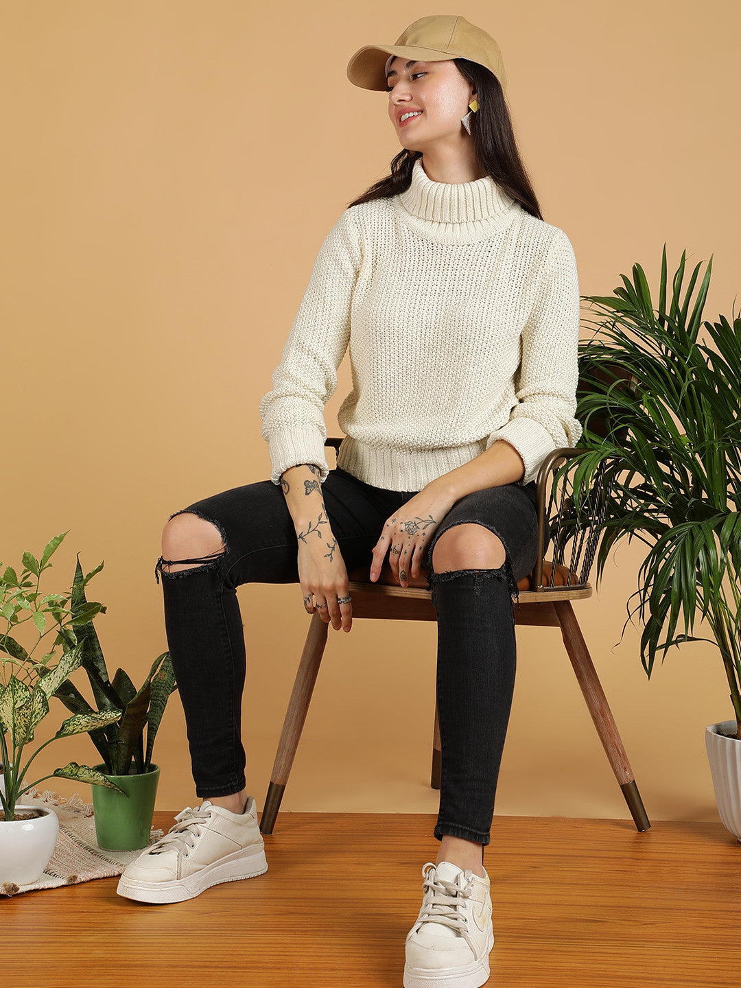 KOTTY Self Design High Neck Casual Women White Sweater