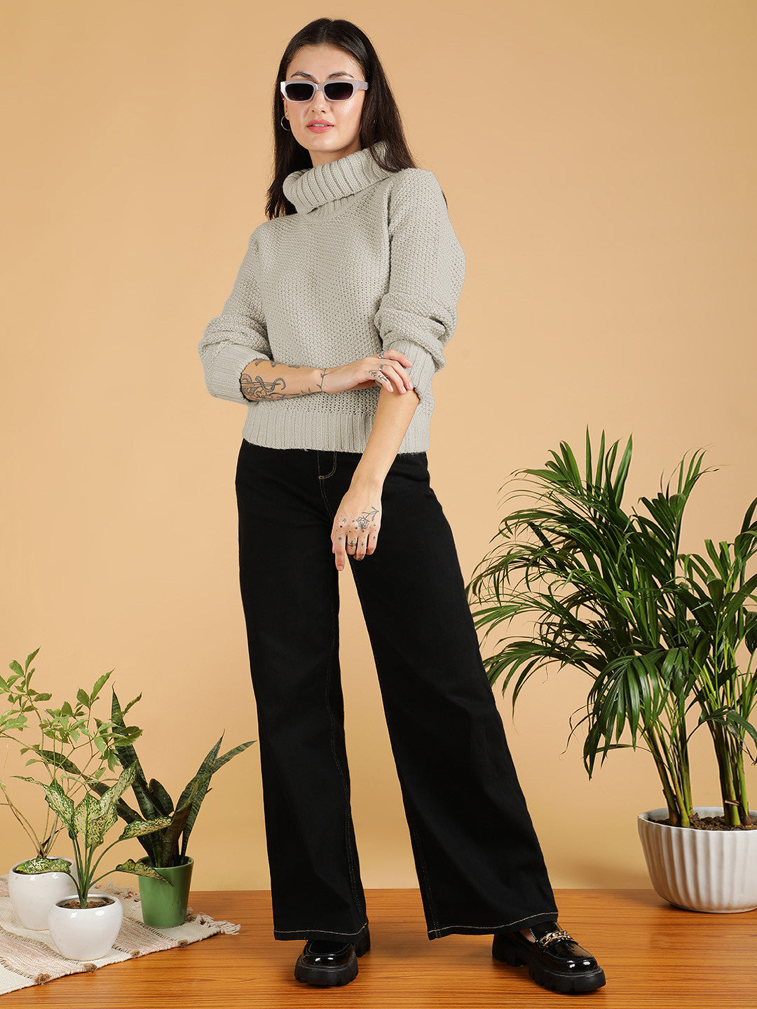 KOTTY Self Design Collared Neck Casual Women Beige Sweater