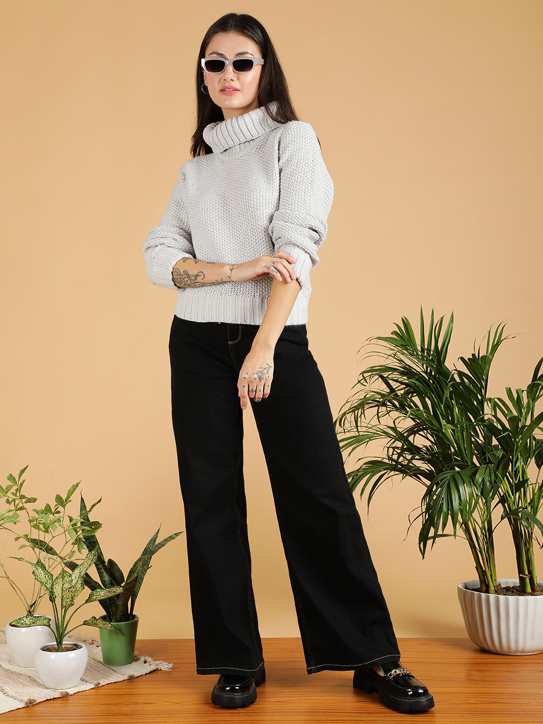 KOTTY Solid High Neck Casual Women Grey Sweater