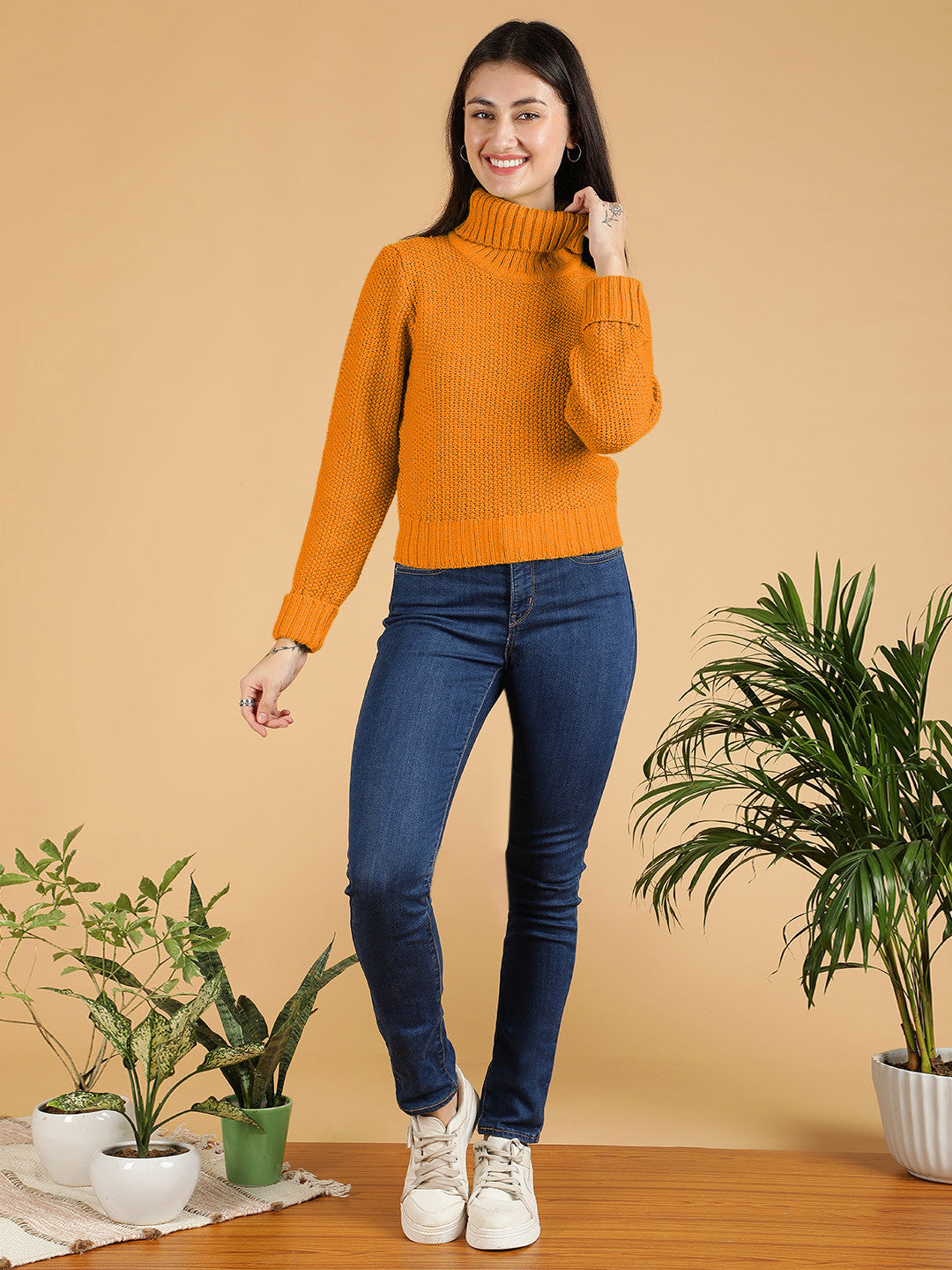 KOTTY Solid High Neck Casual Women Orange Sweater