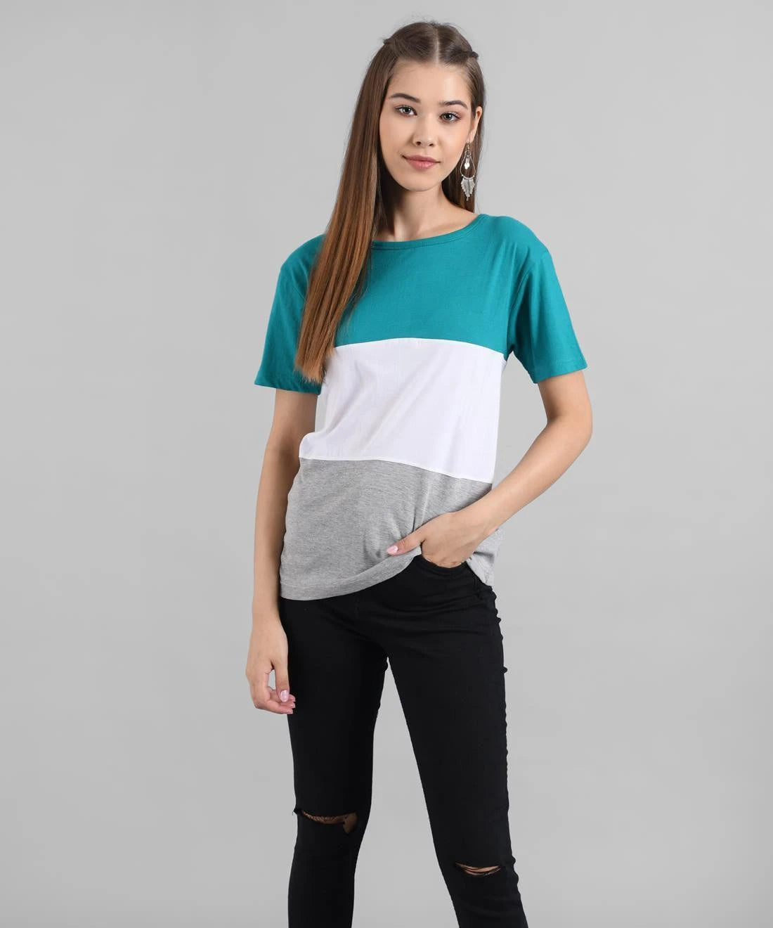KOTTY Colorblock Women Round Neck White T-Shirt