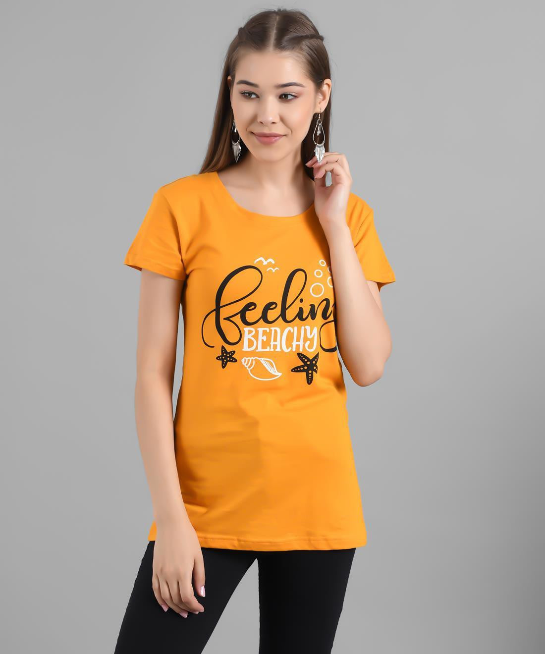 KOTTY Graphic Print Women Round Neck Yellow T-Shirt