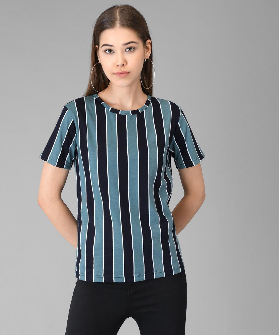 KOTTY Striped Women Round Neck Black T-Shirt