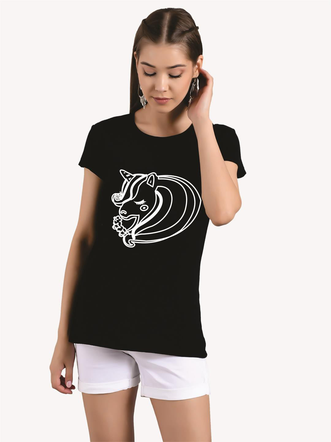KOTTY Printed Women Round Neck Black T-Shirt