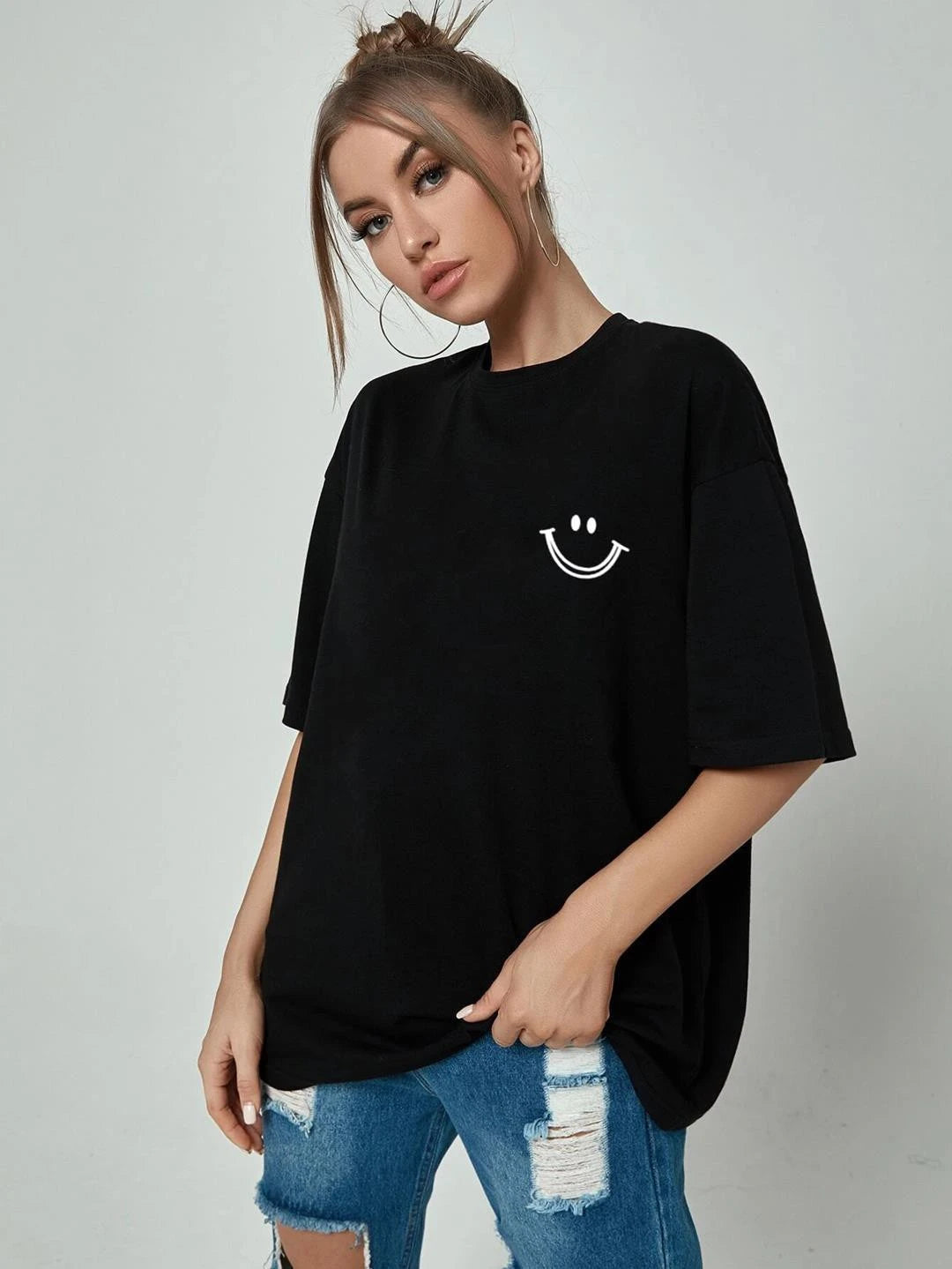 KOTTY Printed Women Round Neck Black T-Shirt