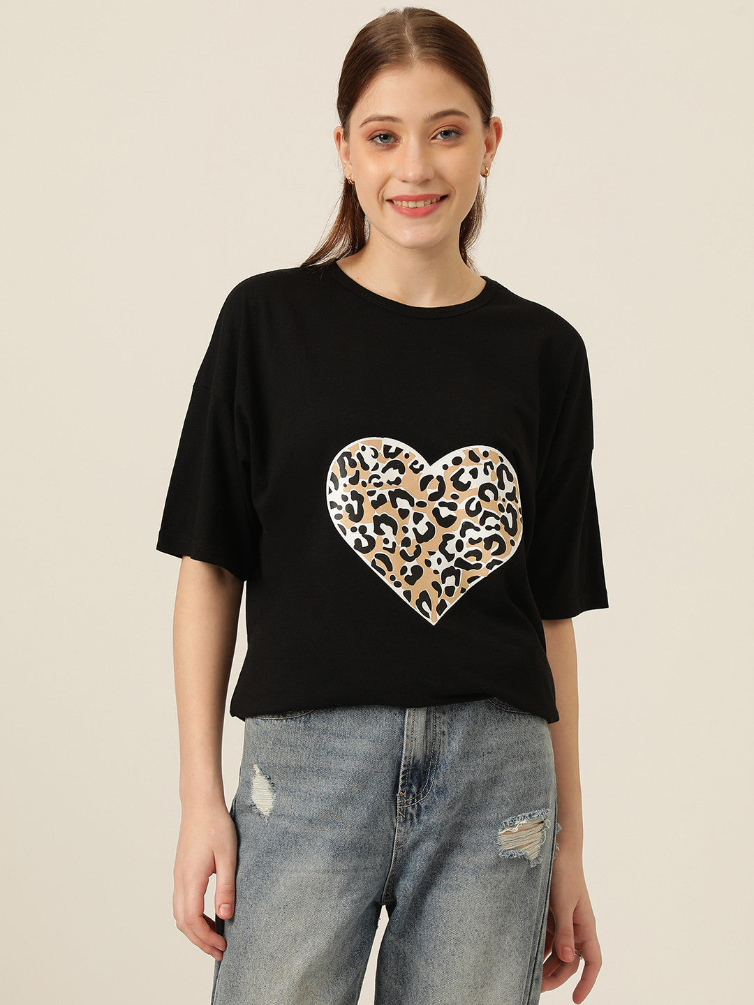 KOTTY Printed Women Round Neck Black T-Shirt