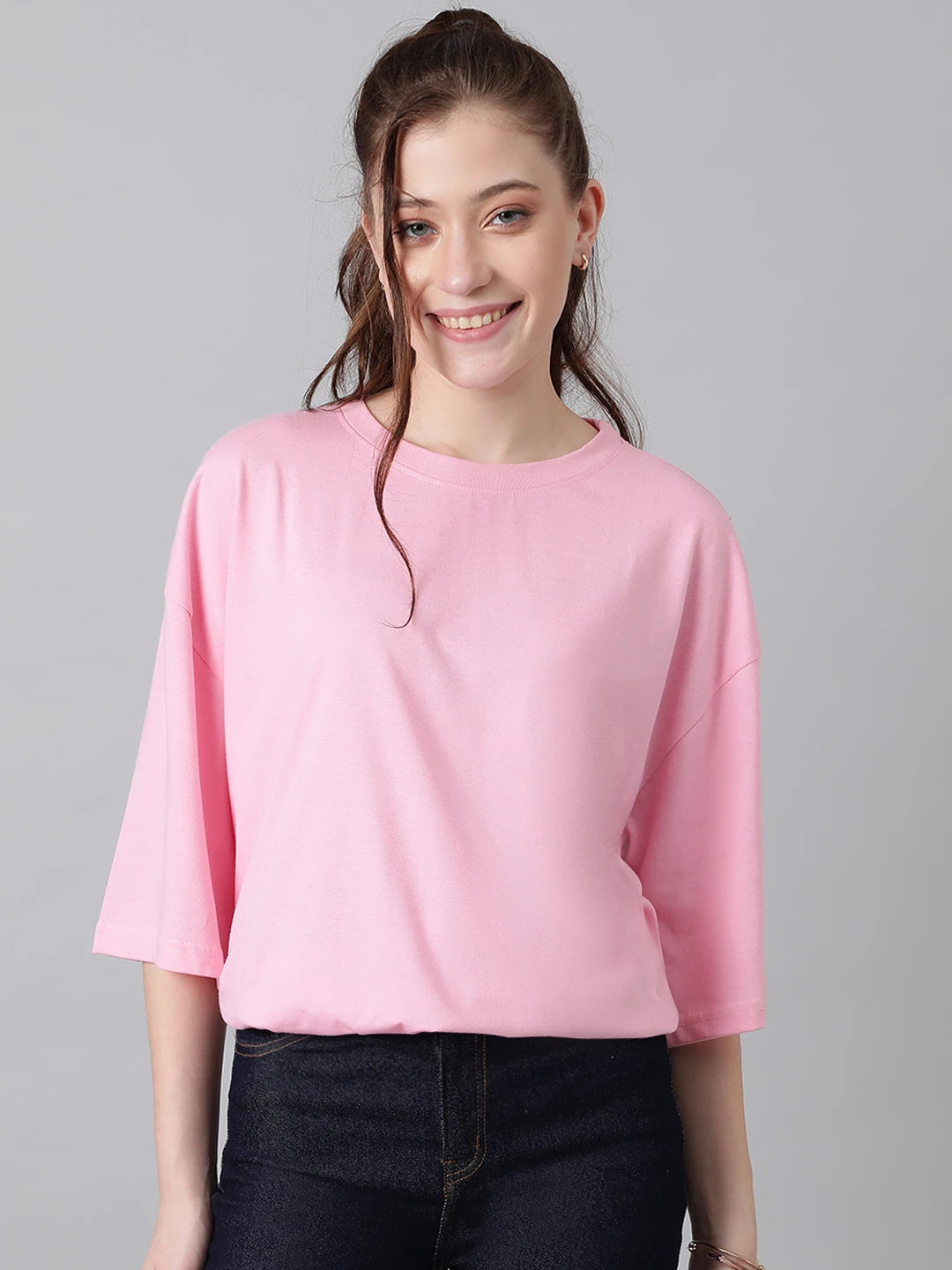 KOTTY Solid Women Round Neck Pink T-Shirt
