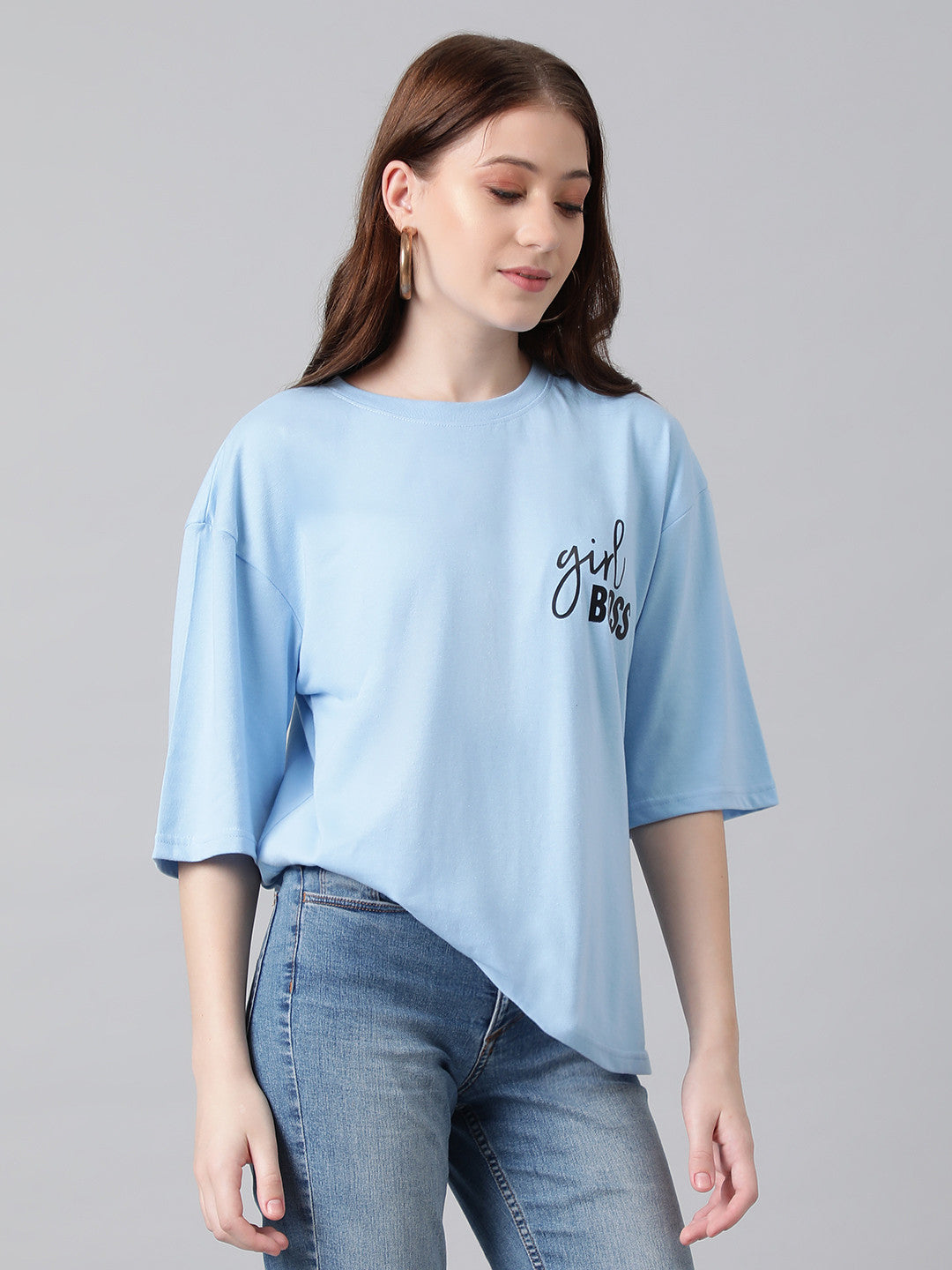 KOTTY Printed, Typography Women Round Neck Light Blue T-Shirt