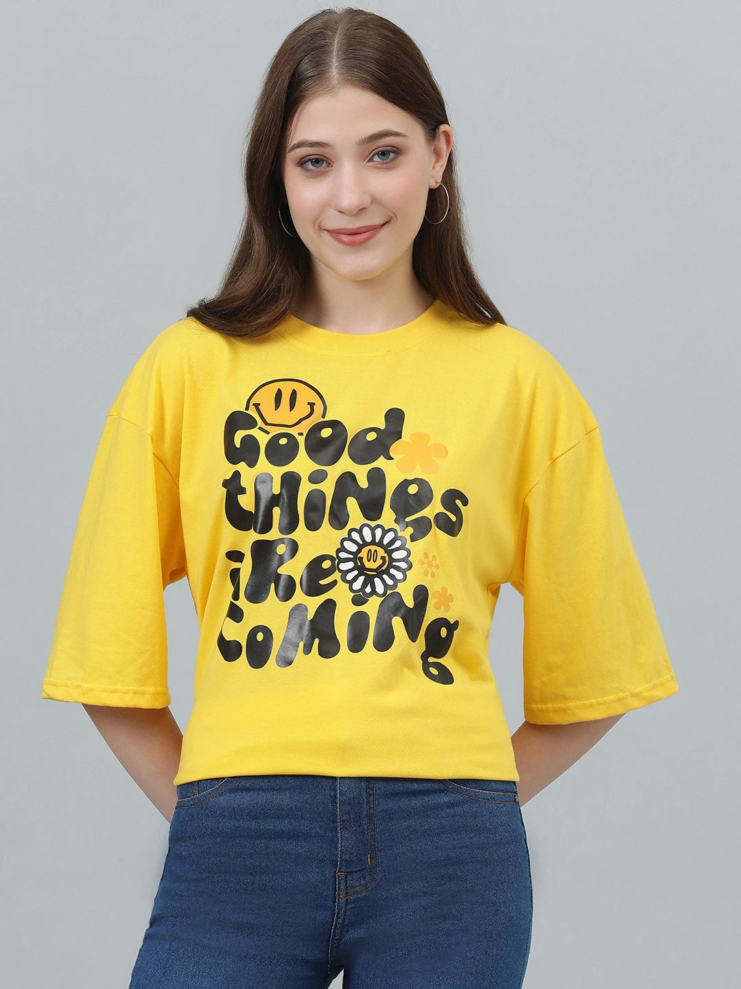 KOTTY Printed, Typography Women Round Neck Yellow T-Shirt