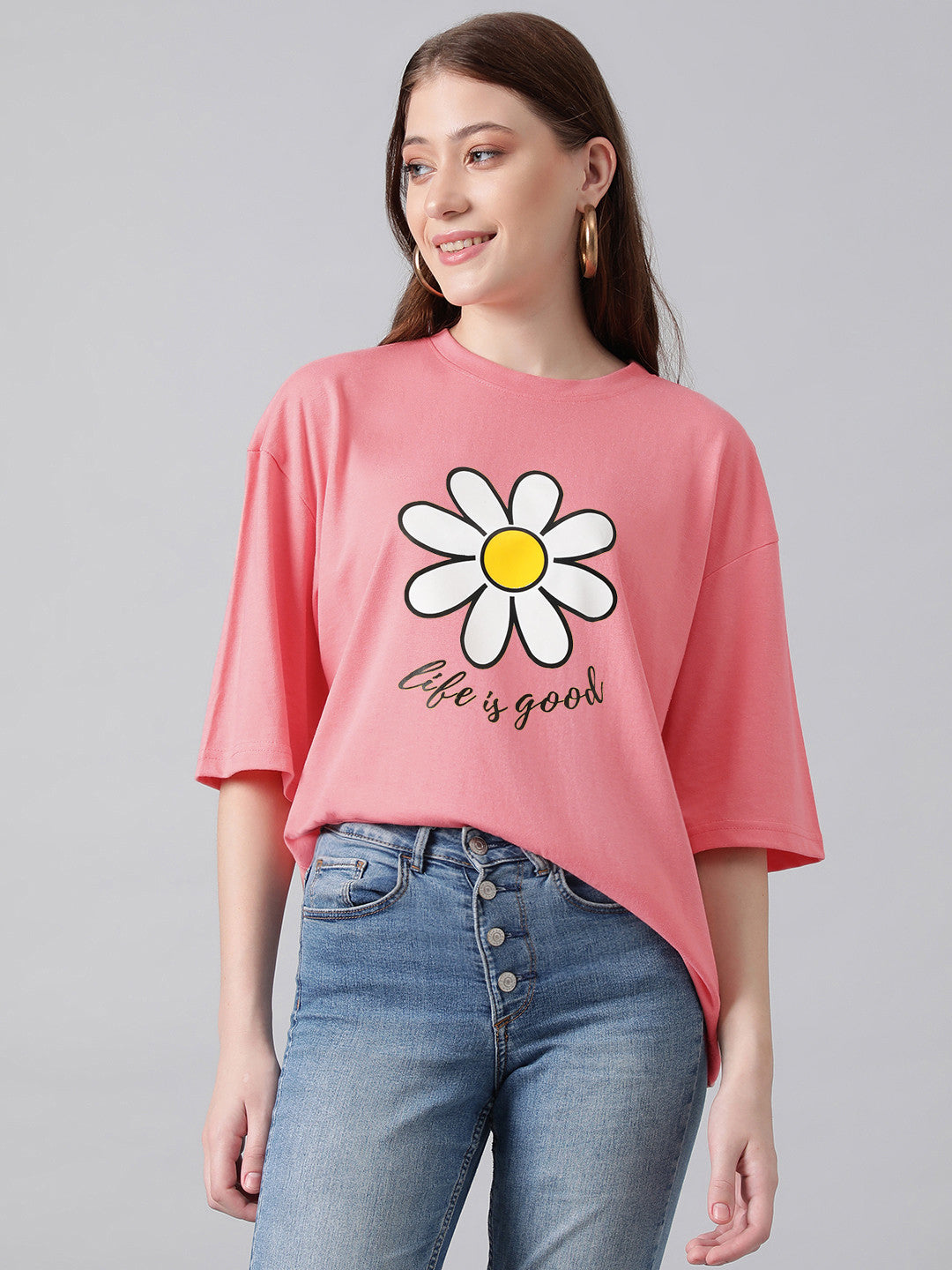 KOTTY Printed Women Round Neck Pink T-Shirt