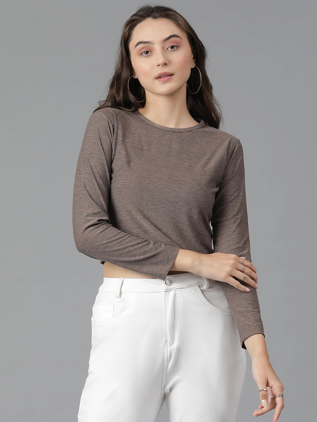 KOTTY Solid Women Round Neck Brown T-Shirt