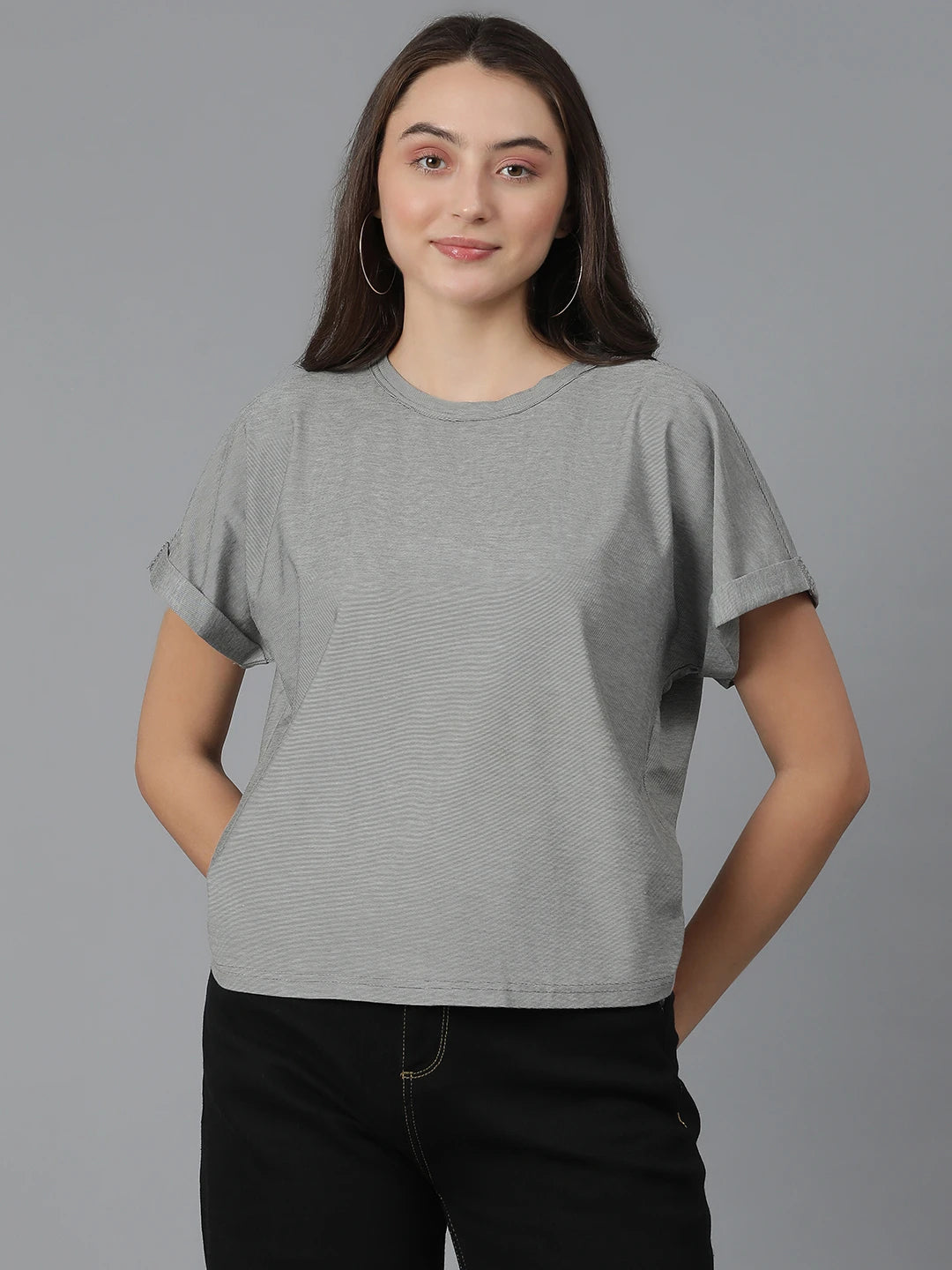 KOTTY Solid Women Round Neck Grey T-Shirt