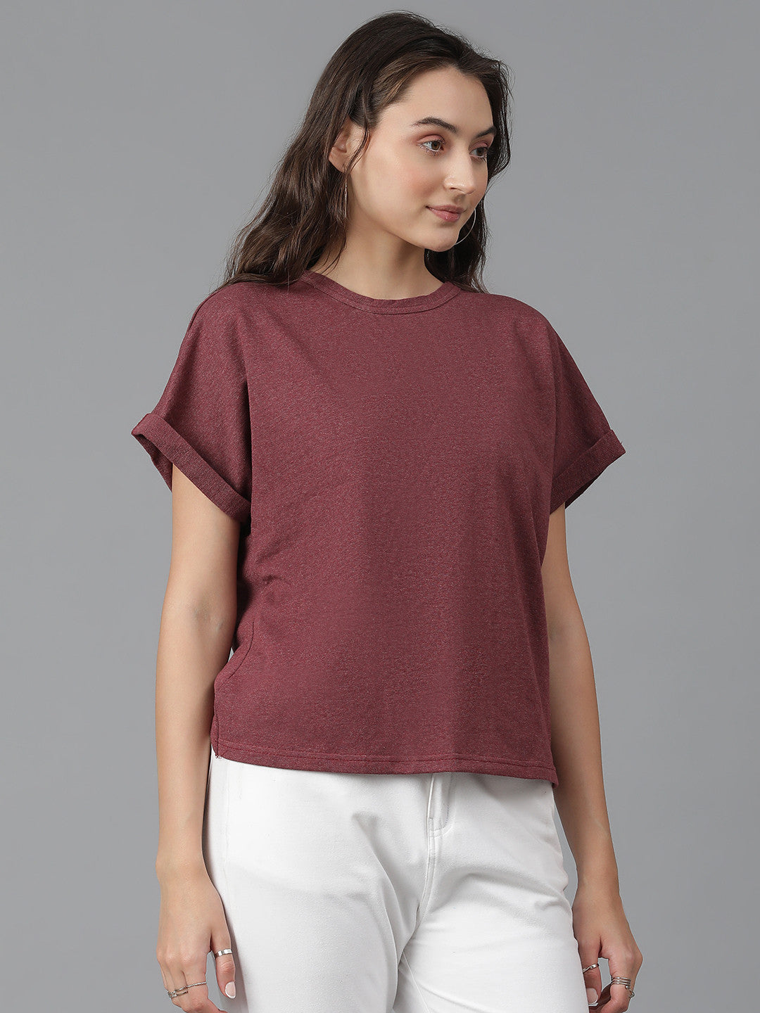 KOTTY Self Design Women Round Neck Maroon T-Shirt