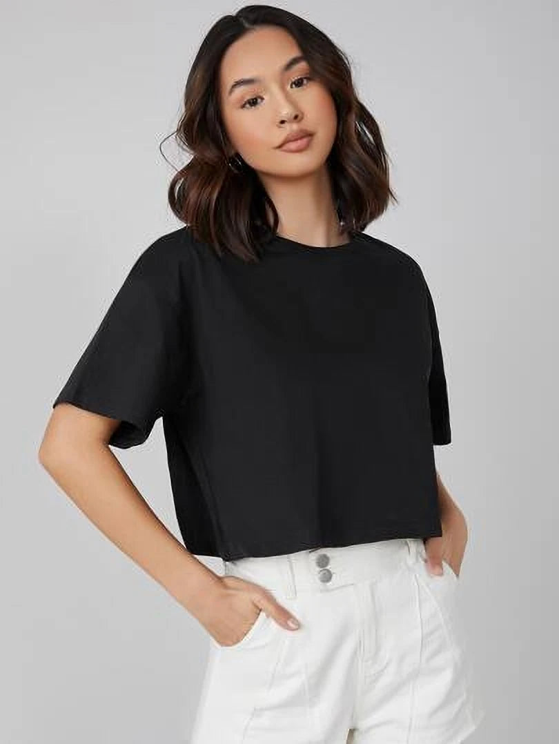 KOTTY Solid Women Round Neck Black T-Shirt