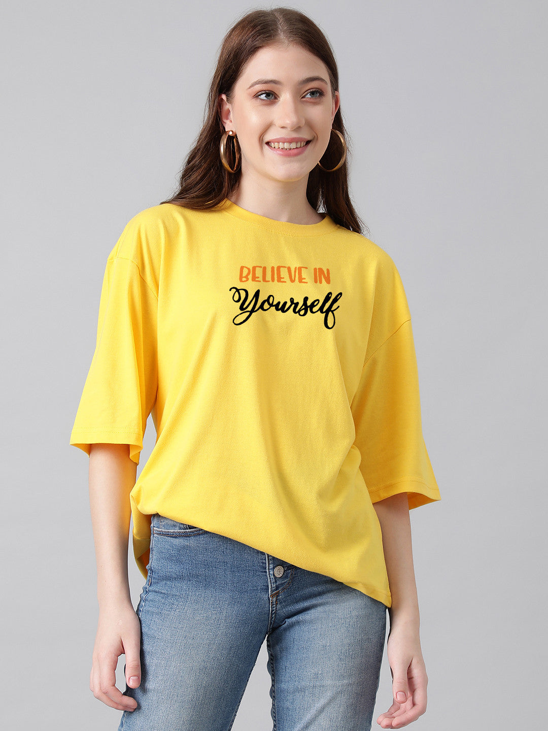 KOTTY Printed Women Round Neck Yellow T-Shirt