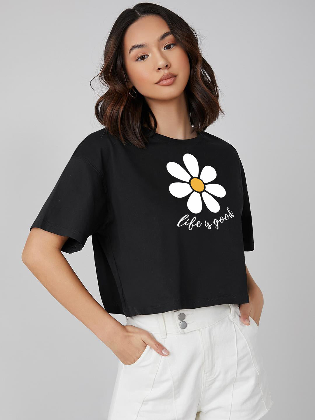 KOTTY Printed Women Round Neck Black T-Shirt