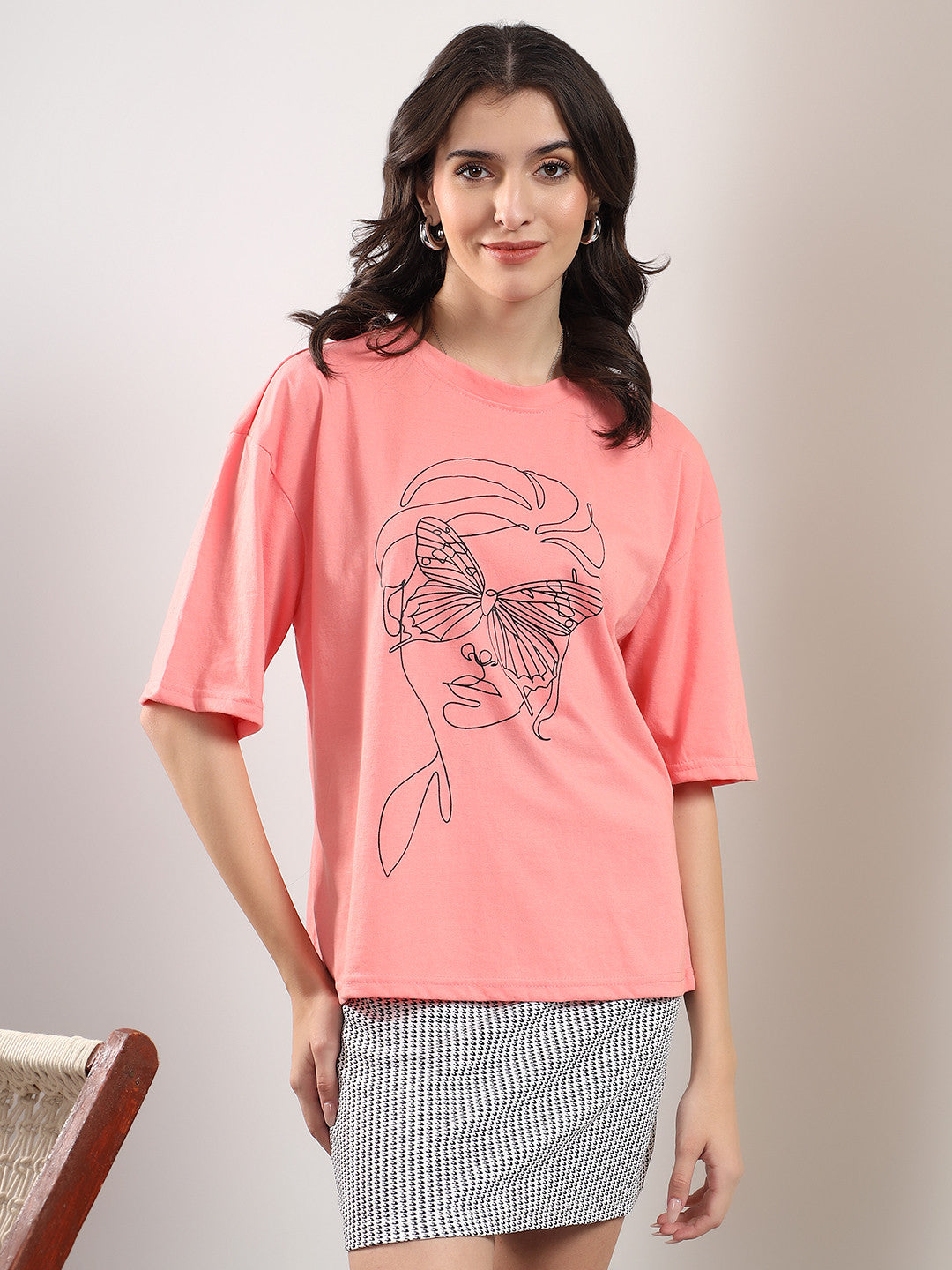 KOTTY Printed Women Round Neck Pink T-Shirt