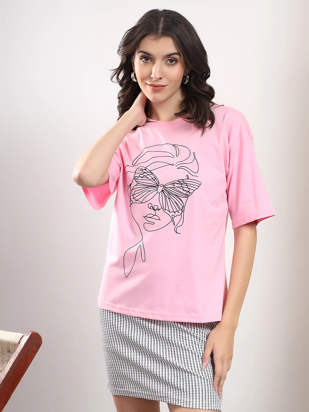 KOTTY Printed Women Round Neck Pink T-Shirt
