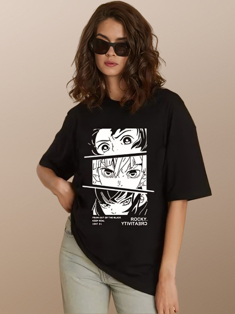 KOTTY Printed Women Round Neck Black T-Shirt
