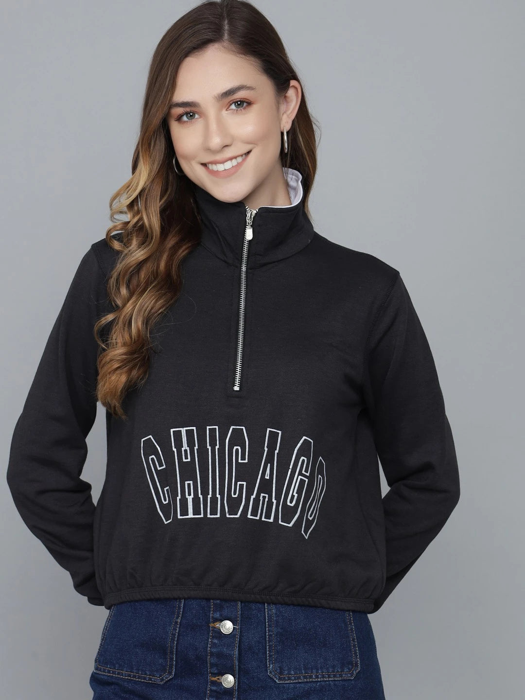 KOTTY Women Black Full Sleeve Printed Sweatshirt