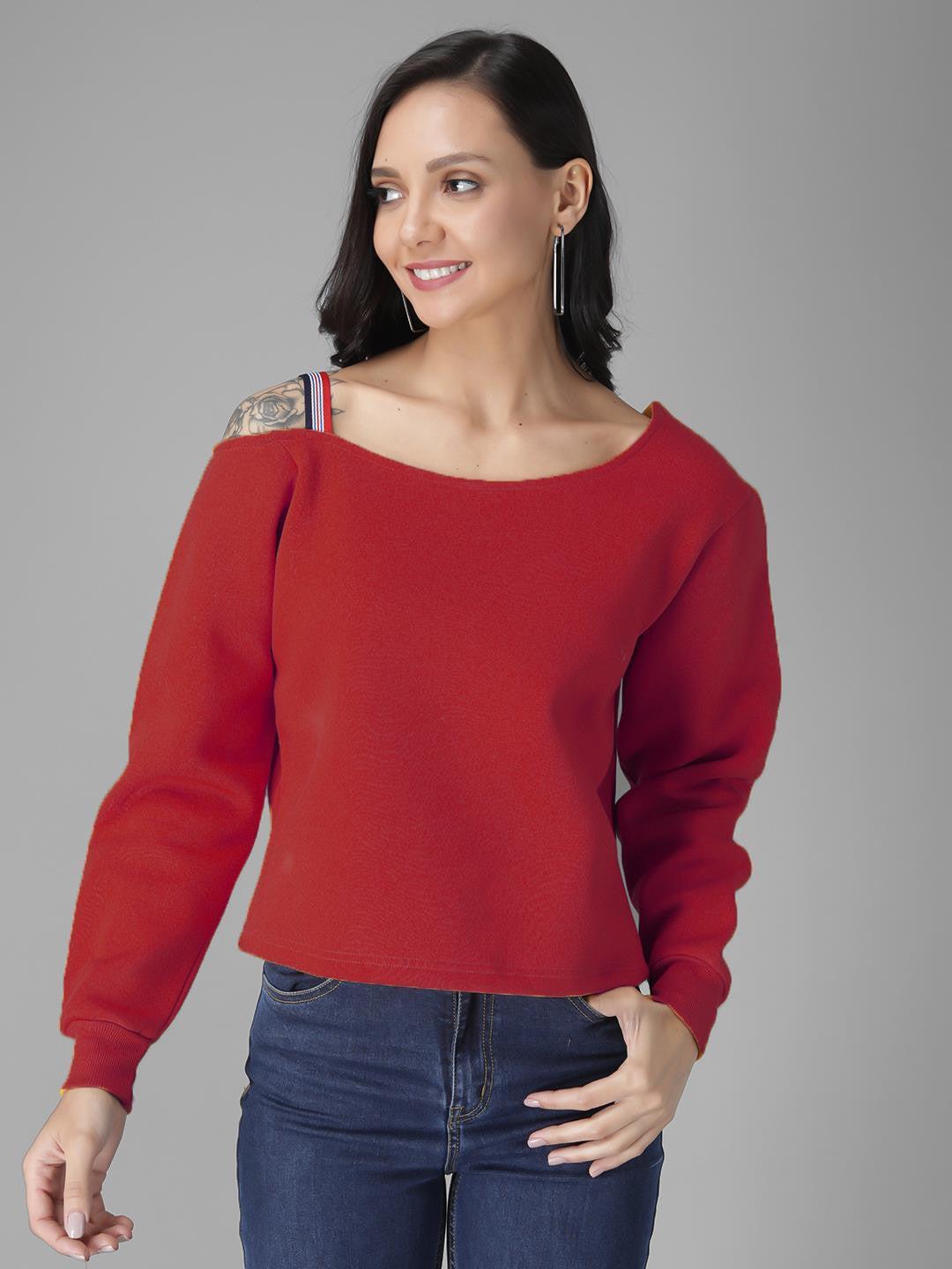 KOTTY Maroon Pure Cotton Solid Women Sweatshirt