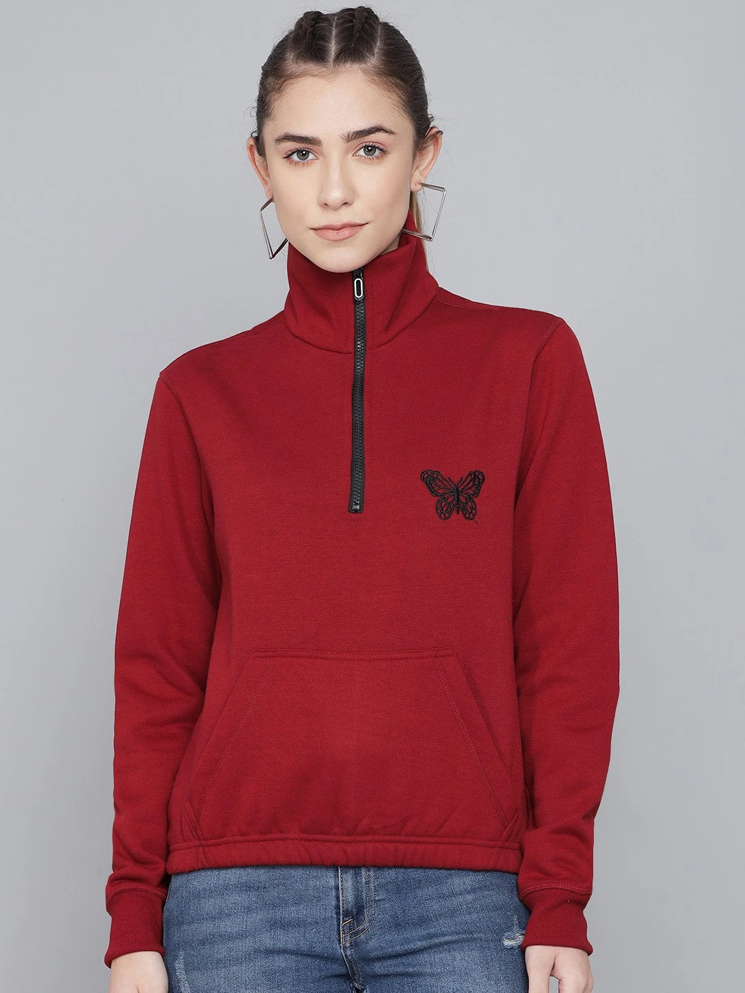KOTTY Women GreyFull Sleeve Embroidery Sweatshirt