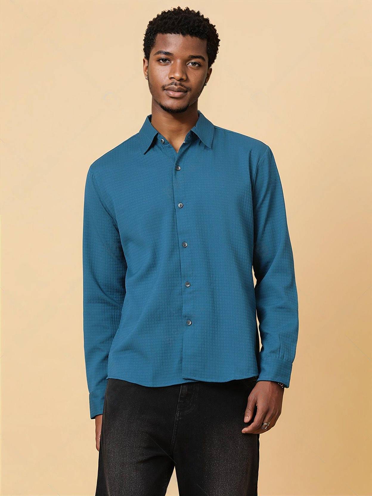 KOTTY Men Regular Fit Self Design Spread Collar Casual Shirt