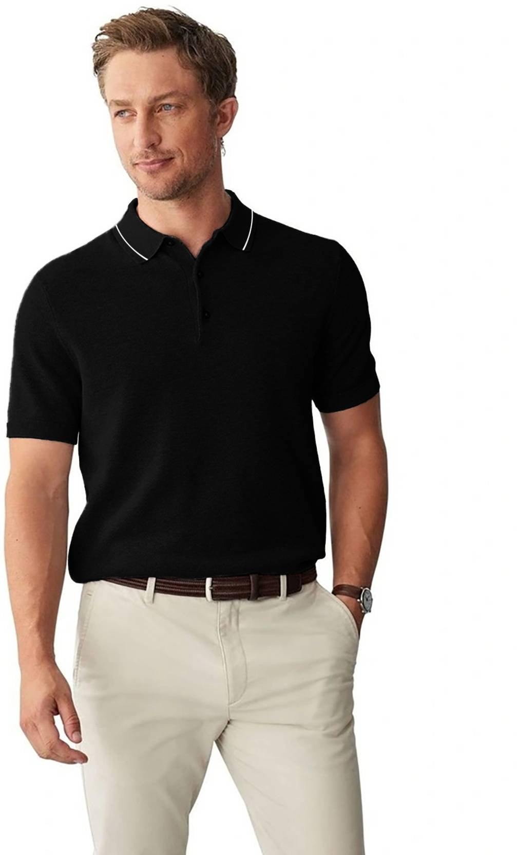 KOTTY Men Solid Polo Neck Cotton Blend Black T-Shirt